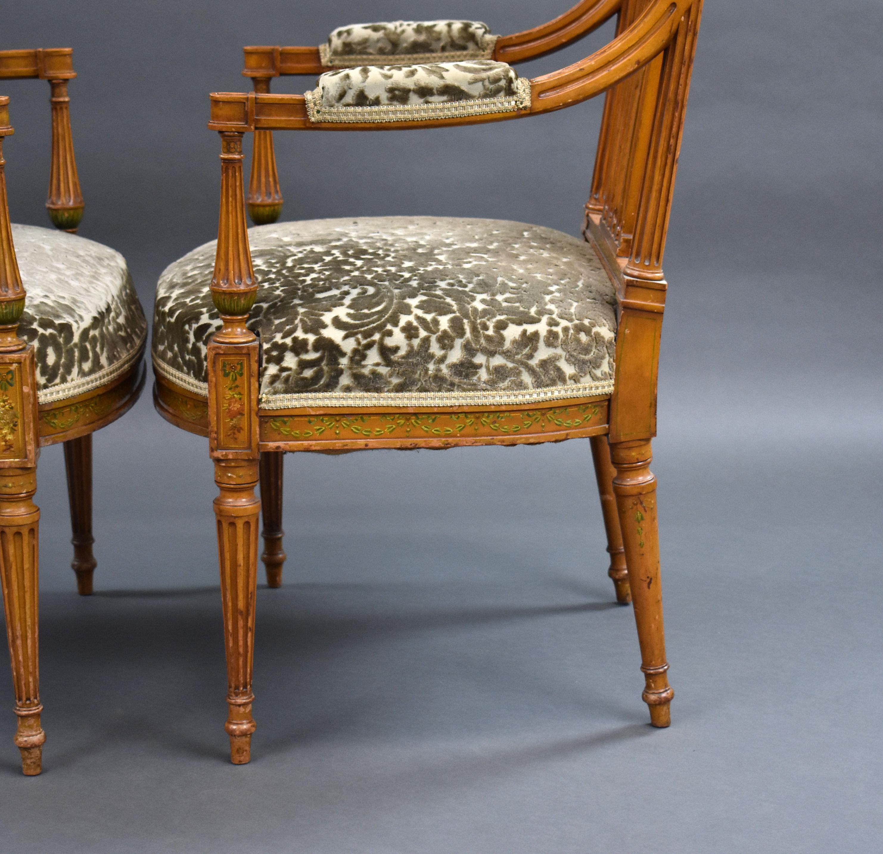 Pair of Early 20th Century English Edwardian Hand Painted Satinwood Armchairs For Sale 4