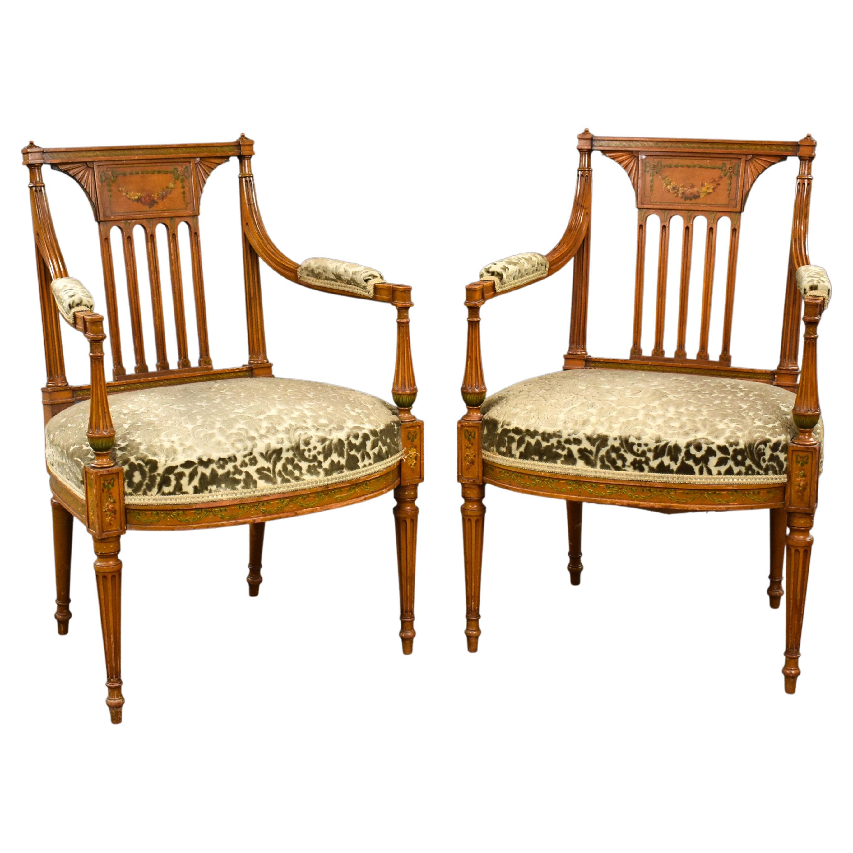 Pair of Early 20th Century English Edwardian Hand Painted Satinwood Armchairs For Sale