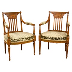 Antique Pair of Early 20th Century English Edwardian Hand Painted Satinwood Armchairs