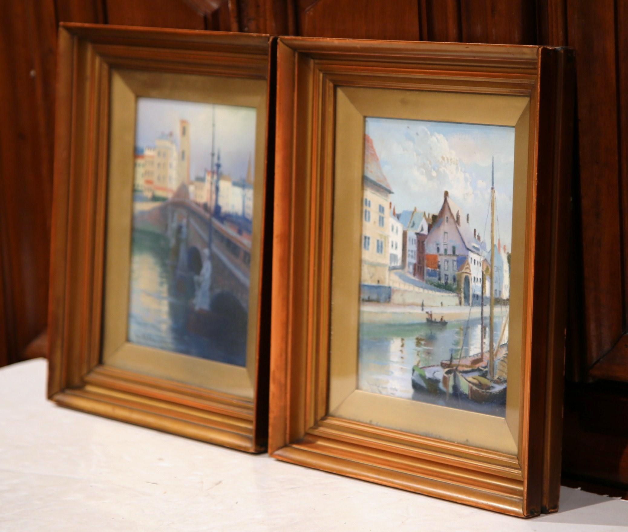 Giltwood Pair of Early 20th Century English Framed Watercolors Signed Holden Dated 1916 For Sale