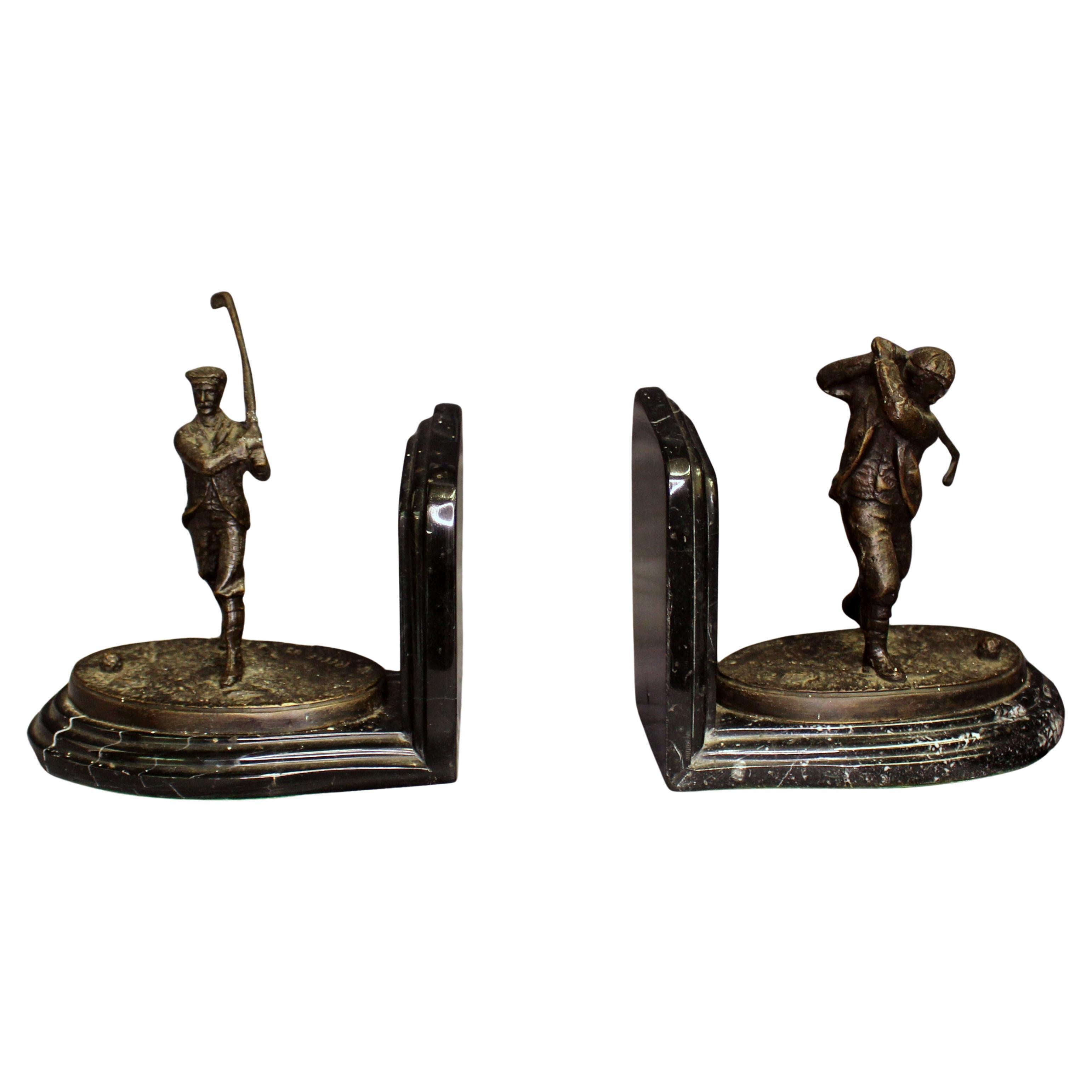 Pair of Early 20th Century English Golfer Bronze & Marble Bookends