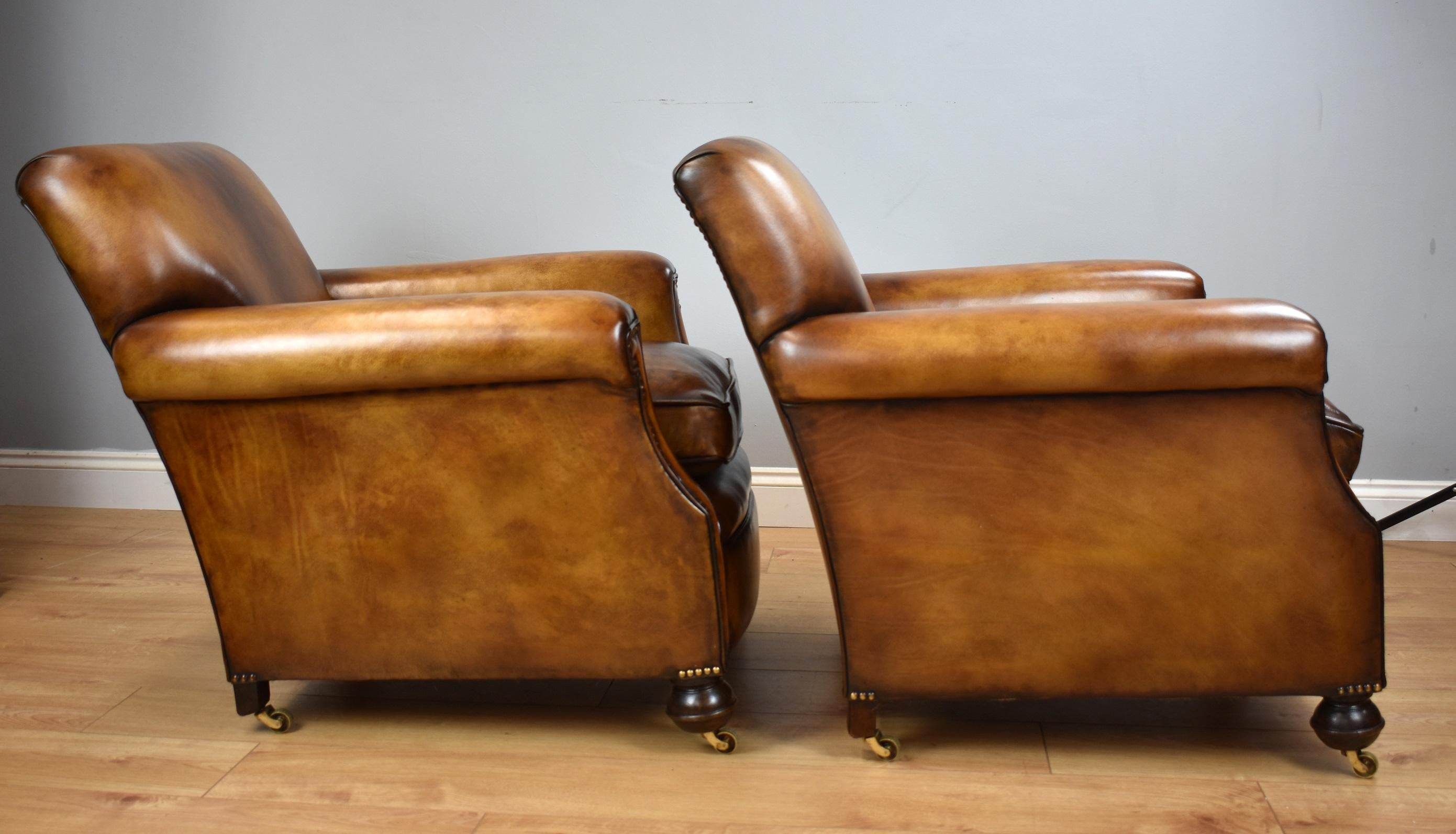 Art Deco Pair of Early 20th Century English Hand Dyed Leather Club Chairs