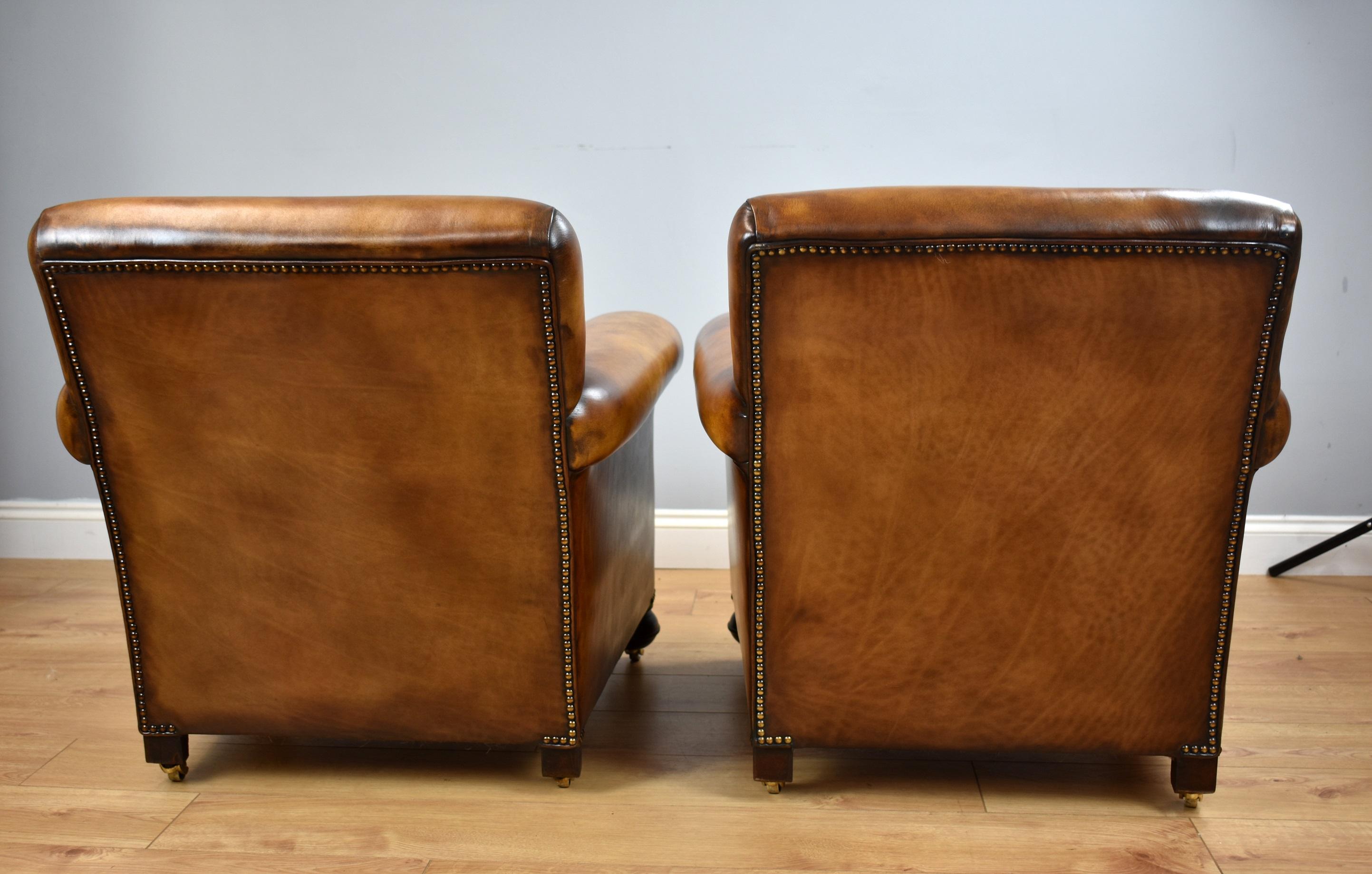 Pair of Early 20th Century English Hand Dyed Leather Club Chairs In Excellent Condition In Chelmsford, Essex