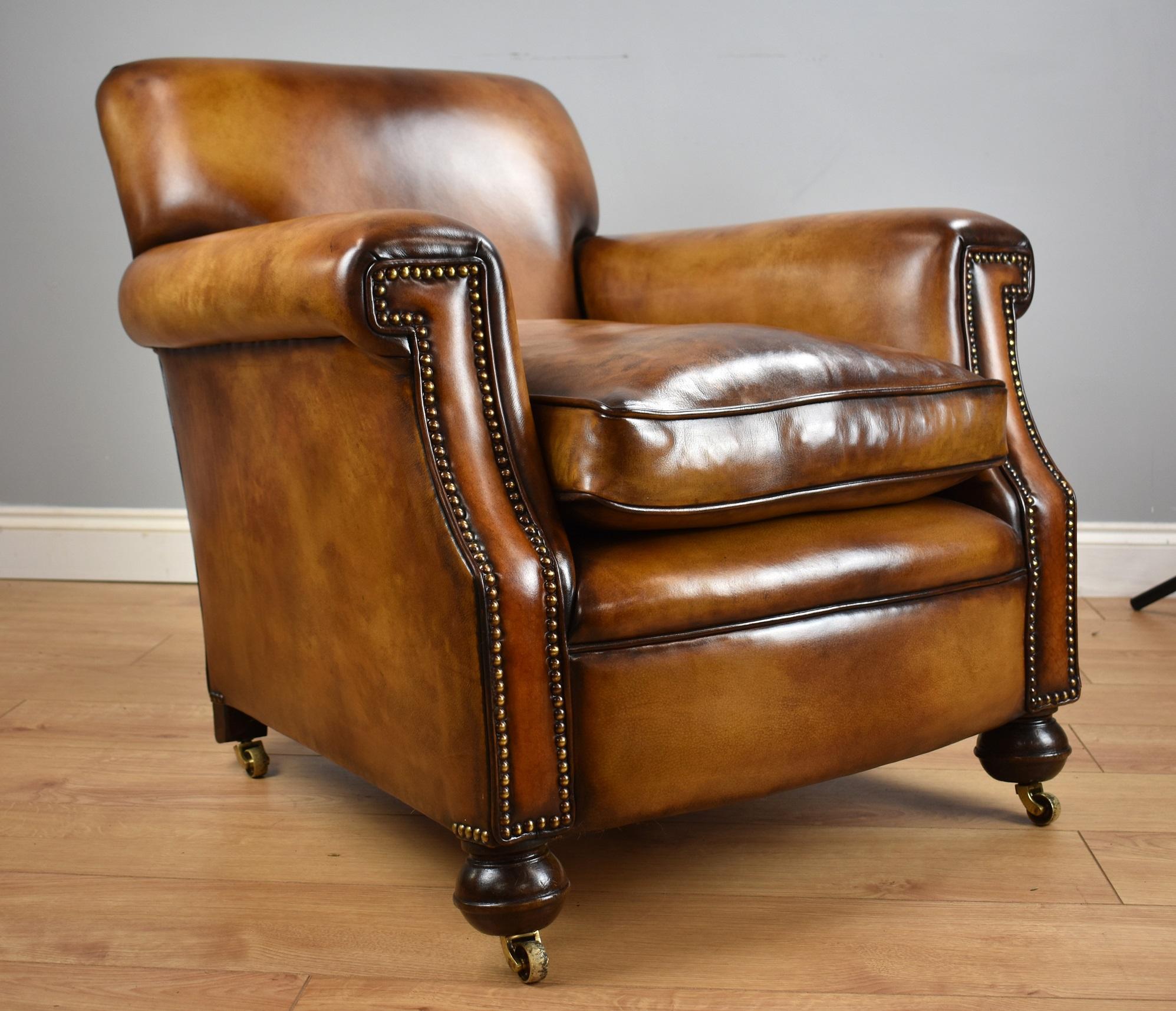 Pair of Early 20th Century English Hand Dyed Leather Club Chairs 1
