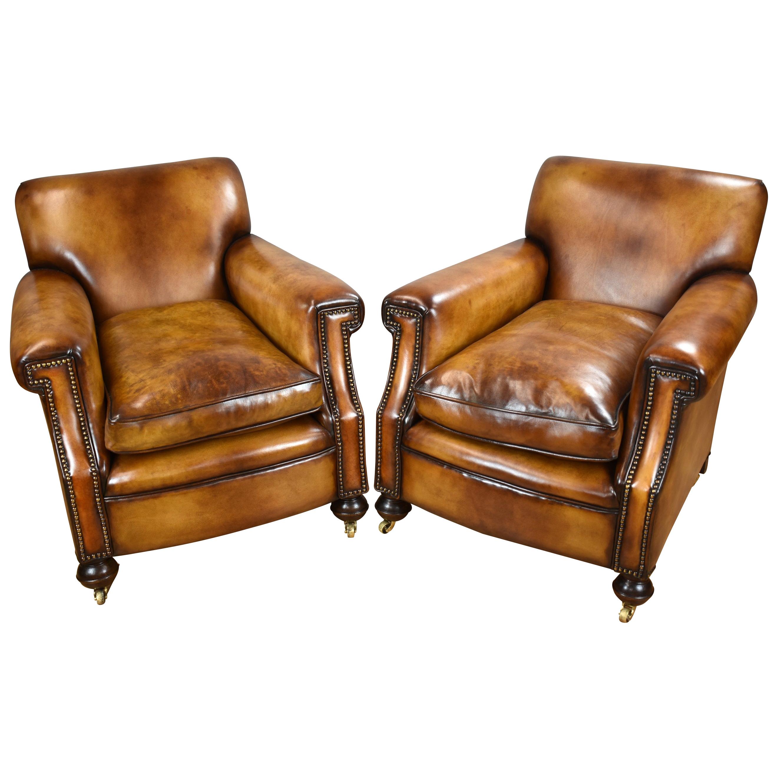 Pair of Early 20th Century English Hand Dyed Leather Club Chairs