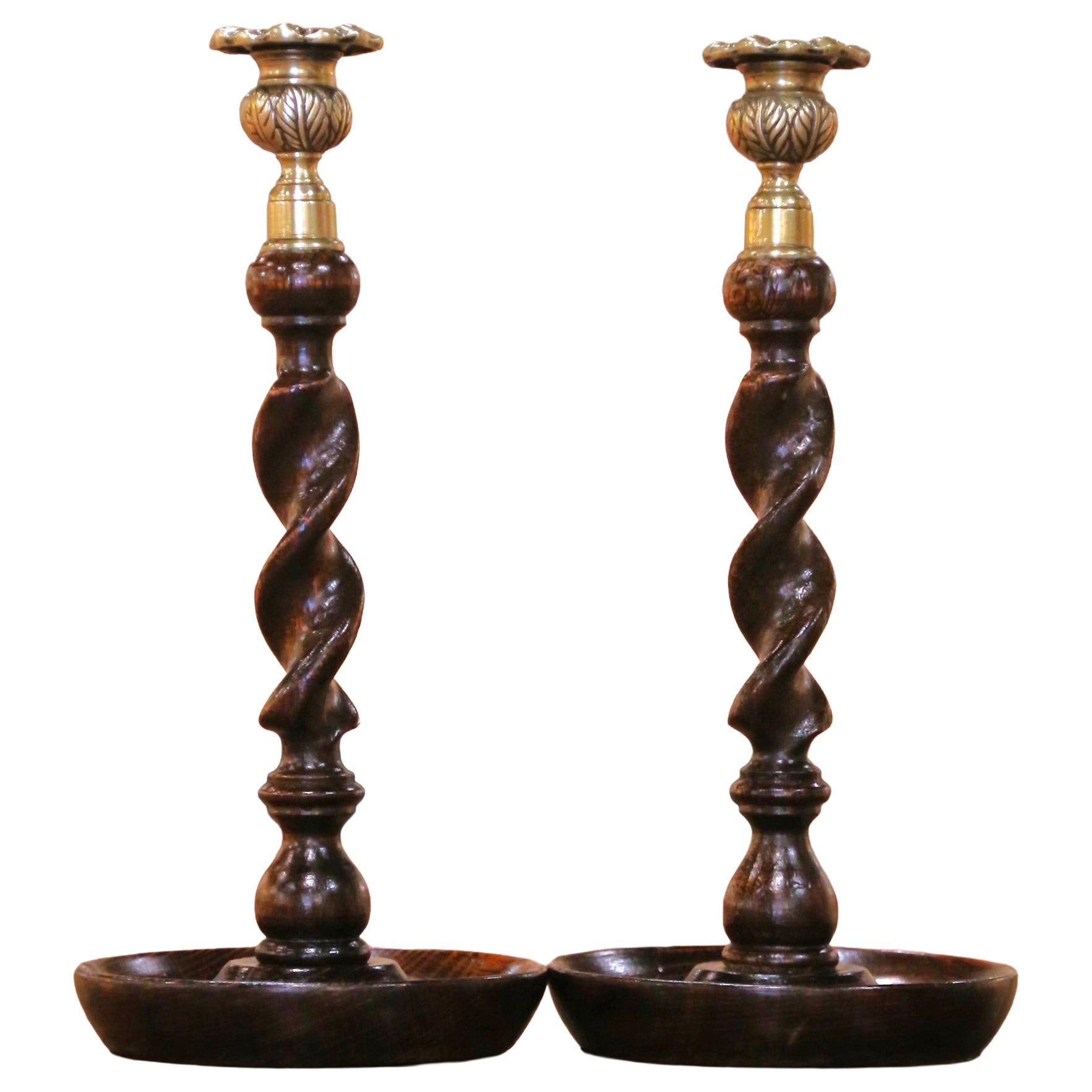 Pair of Early 20th Century English Oak and Brass Barley Twist Candlesticks