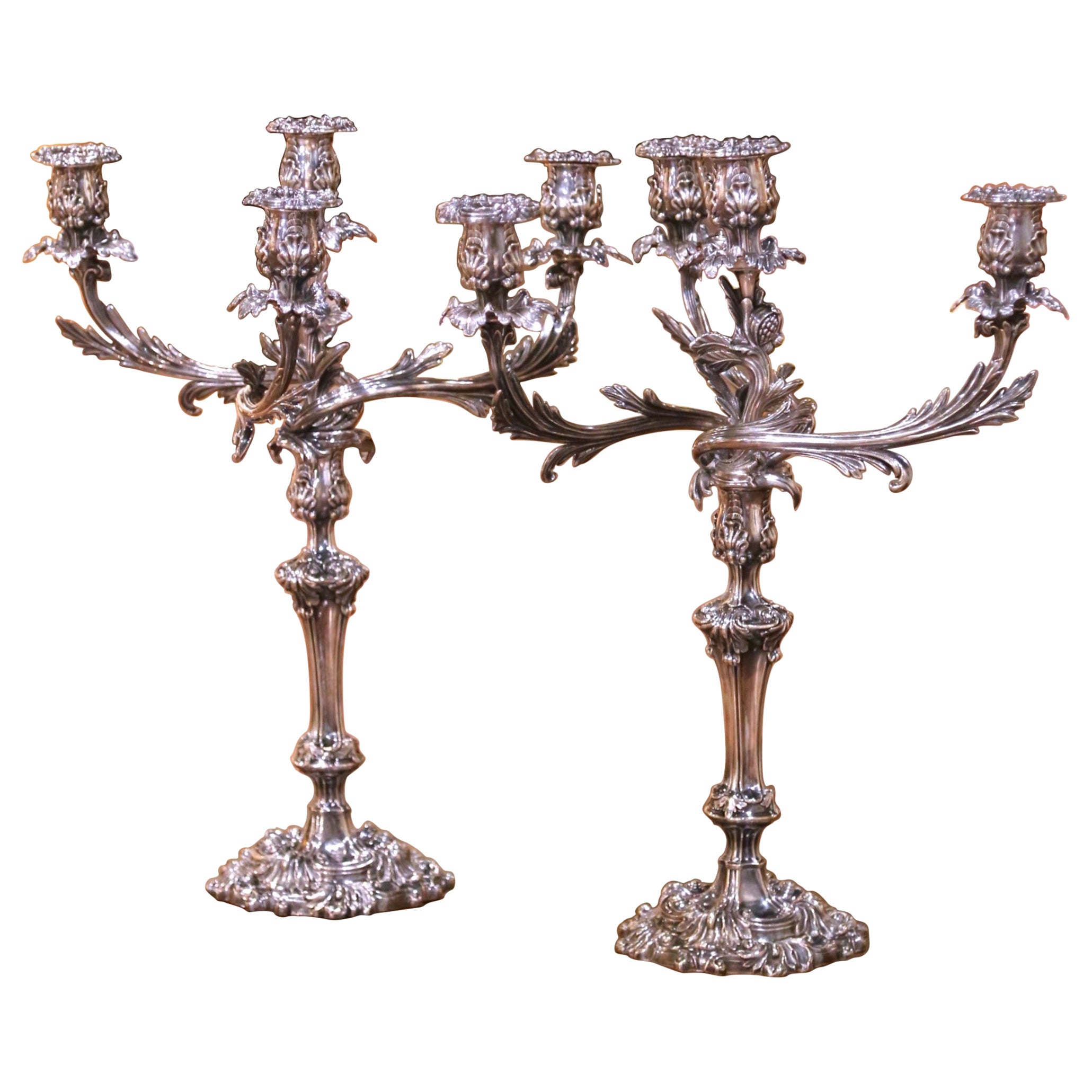 Pair of Early 20th Century English Silver Plated Rococo Four-Arm Candelabras