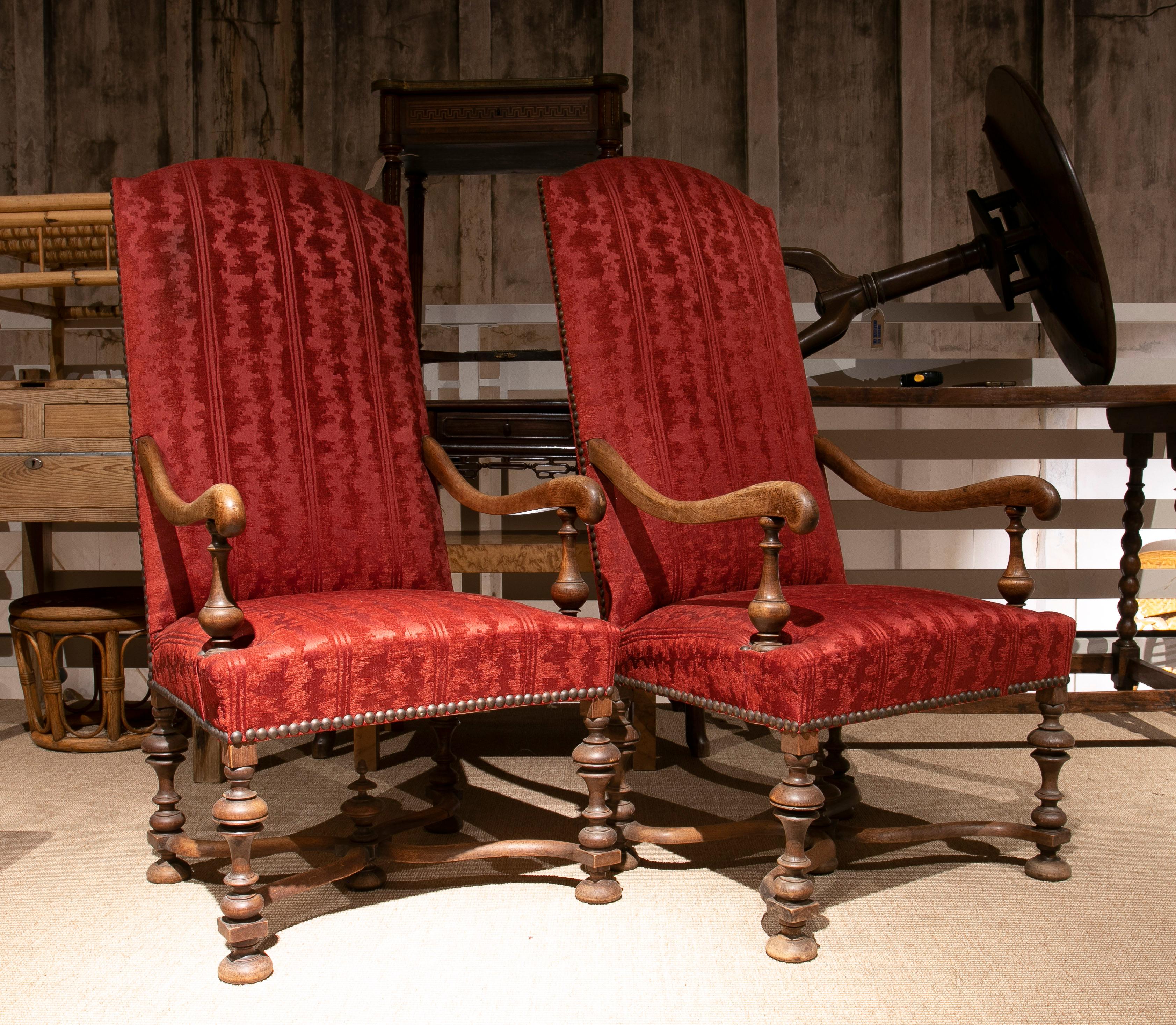 Wood Pair of Early 20th Century English Tall Back Nailhead Trim Upholstered Armchairs