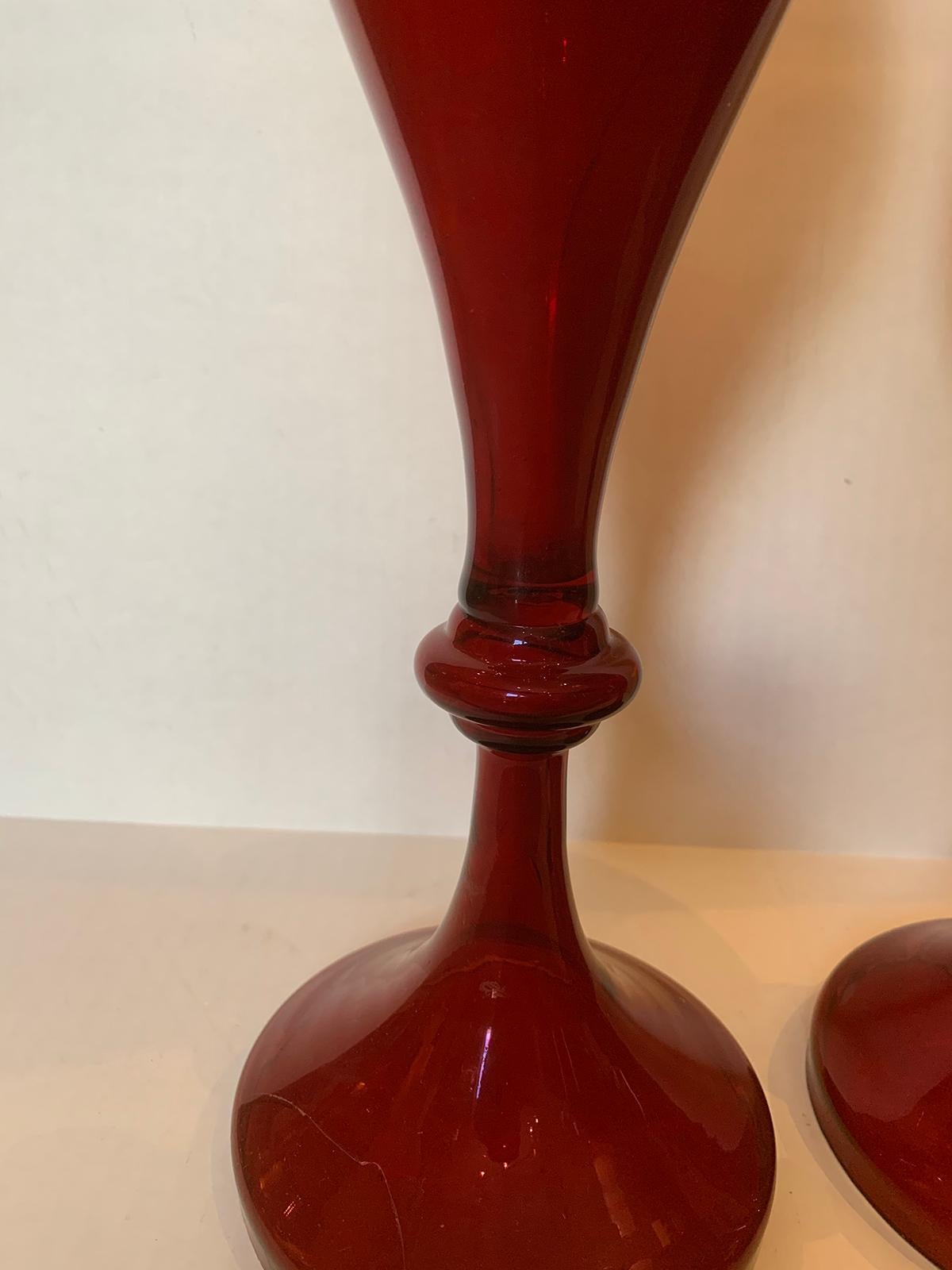 Pair of Early 20th Century Etched Greek Key Red Glass Vases with Gilt Detail For Sale 8