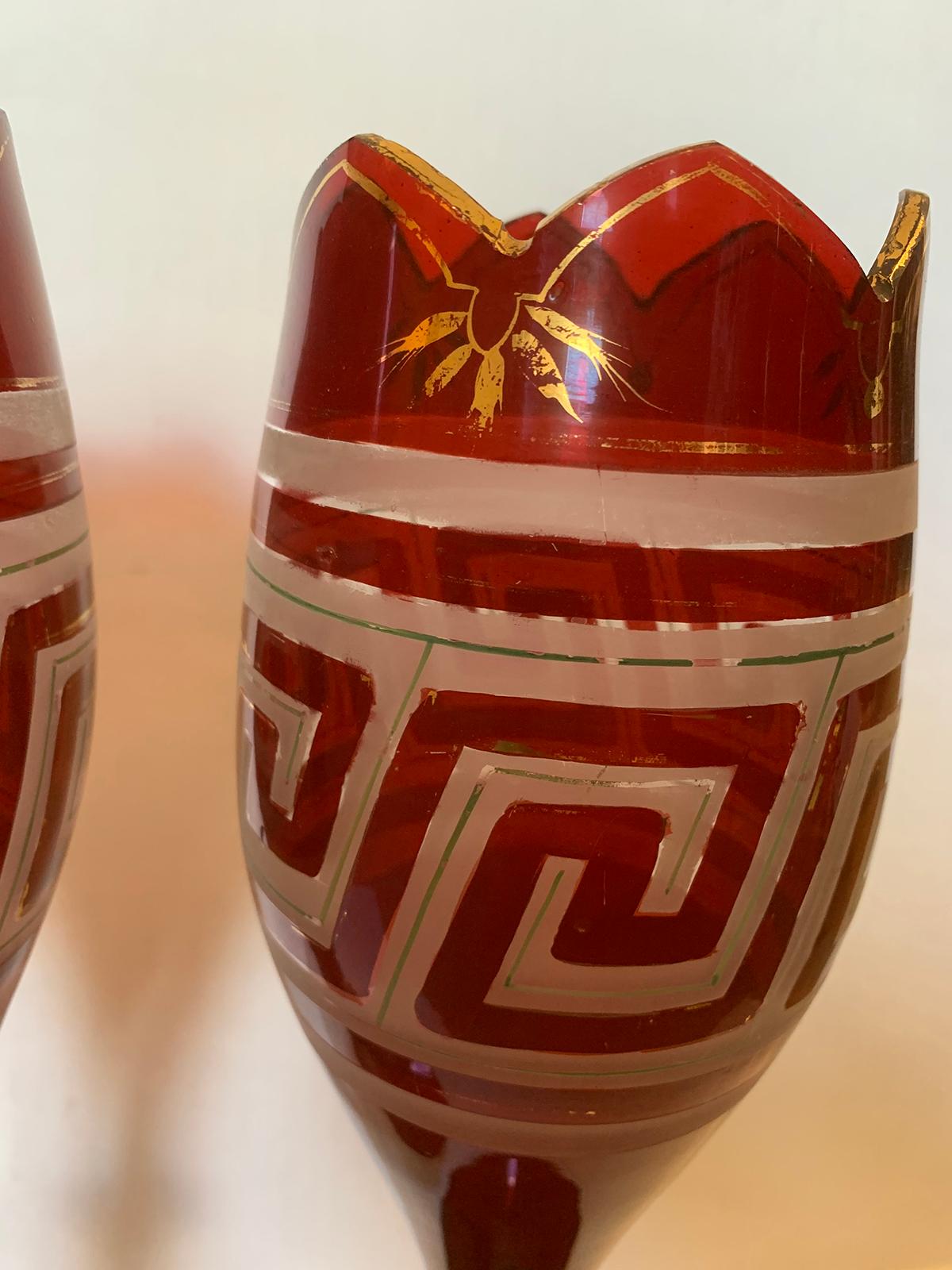 Pair of Early 20th Century Etched Greek Key Red Glass Vases with Gilt Detail For Sale 9