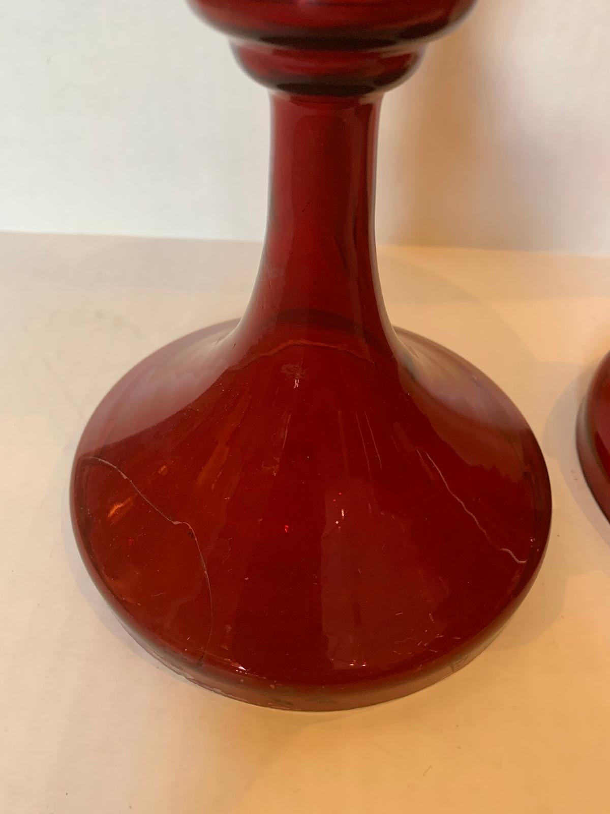 Pair of Early 20th Century Etched Greek Key Red Glass Vases with Gilt Detail For Sale 11