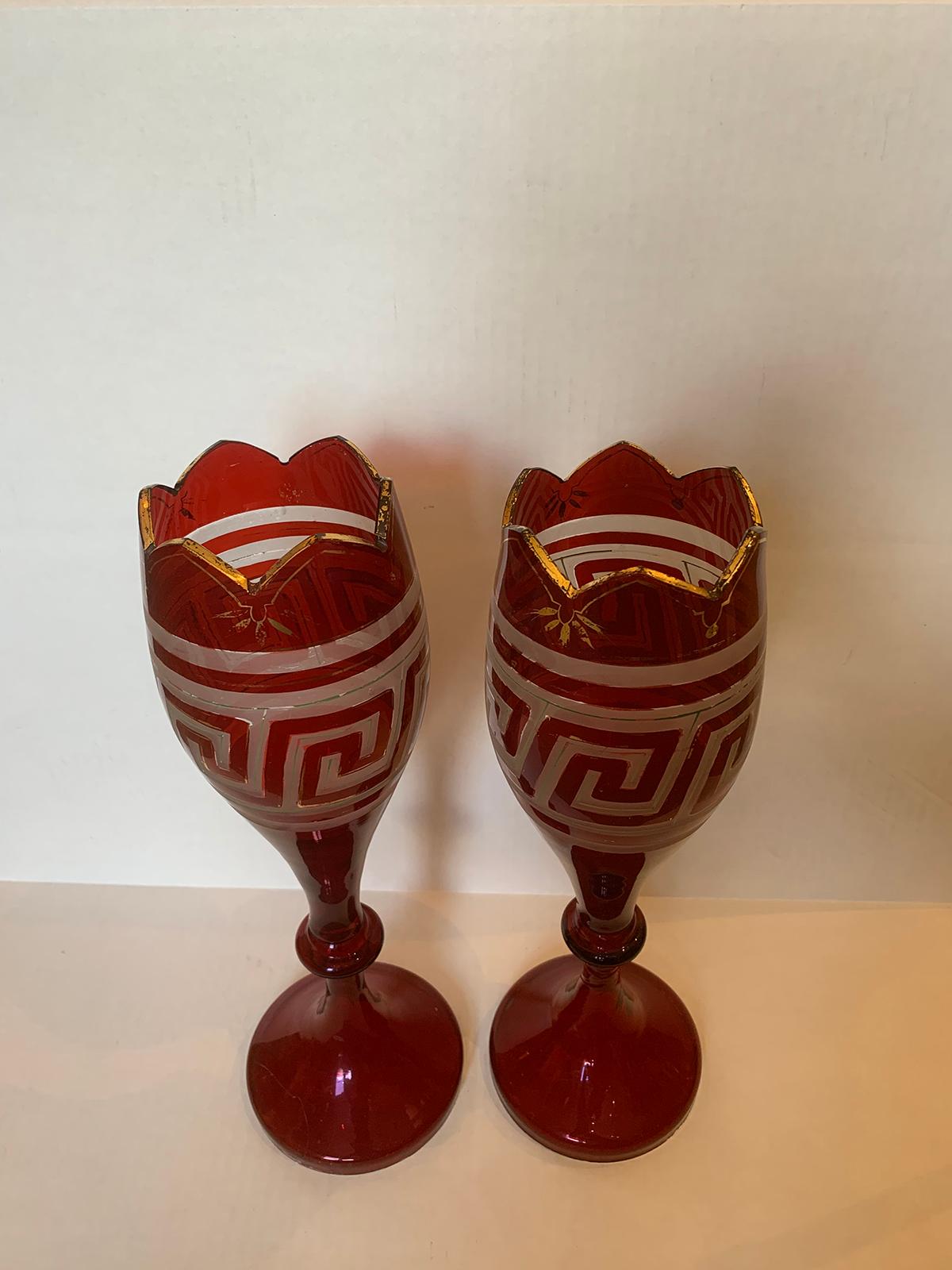 Pair of Early 20th Century Etched Greek Key Red Glass Vases with Gilt Detail In Good Condition For Sale In Atlanta, GA