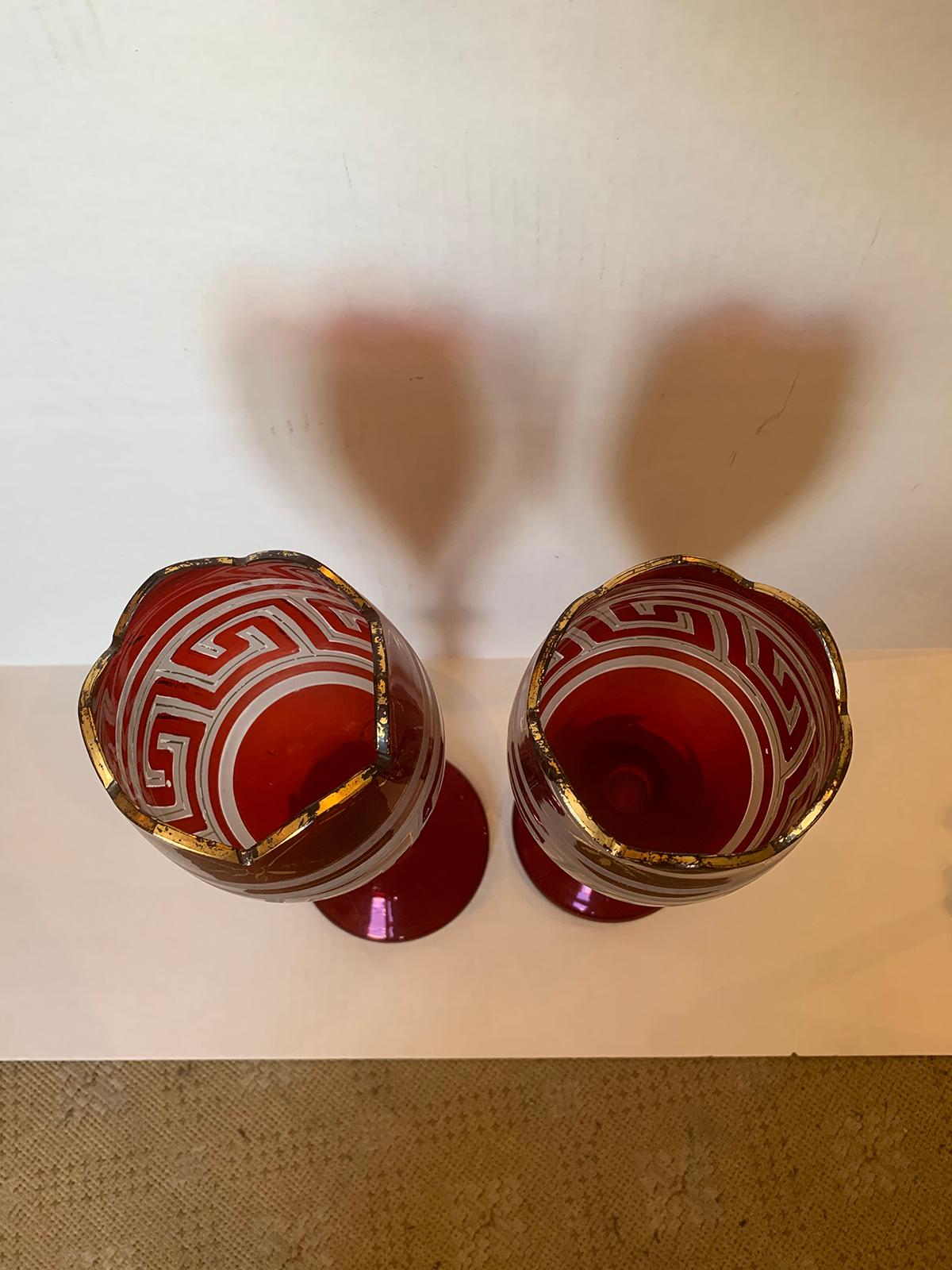 Pair of Early 20th Century Etched Greek Key Red Glass Vases with Gilt Detail For Sale 1