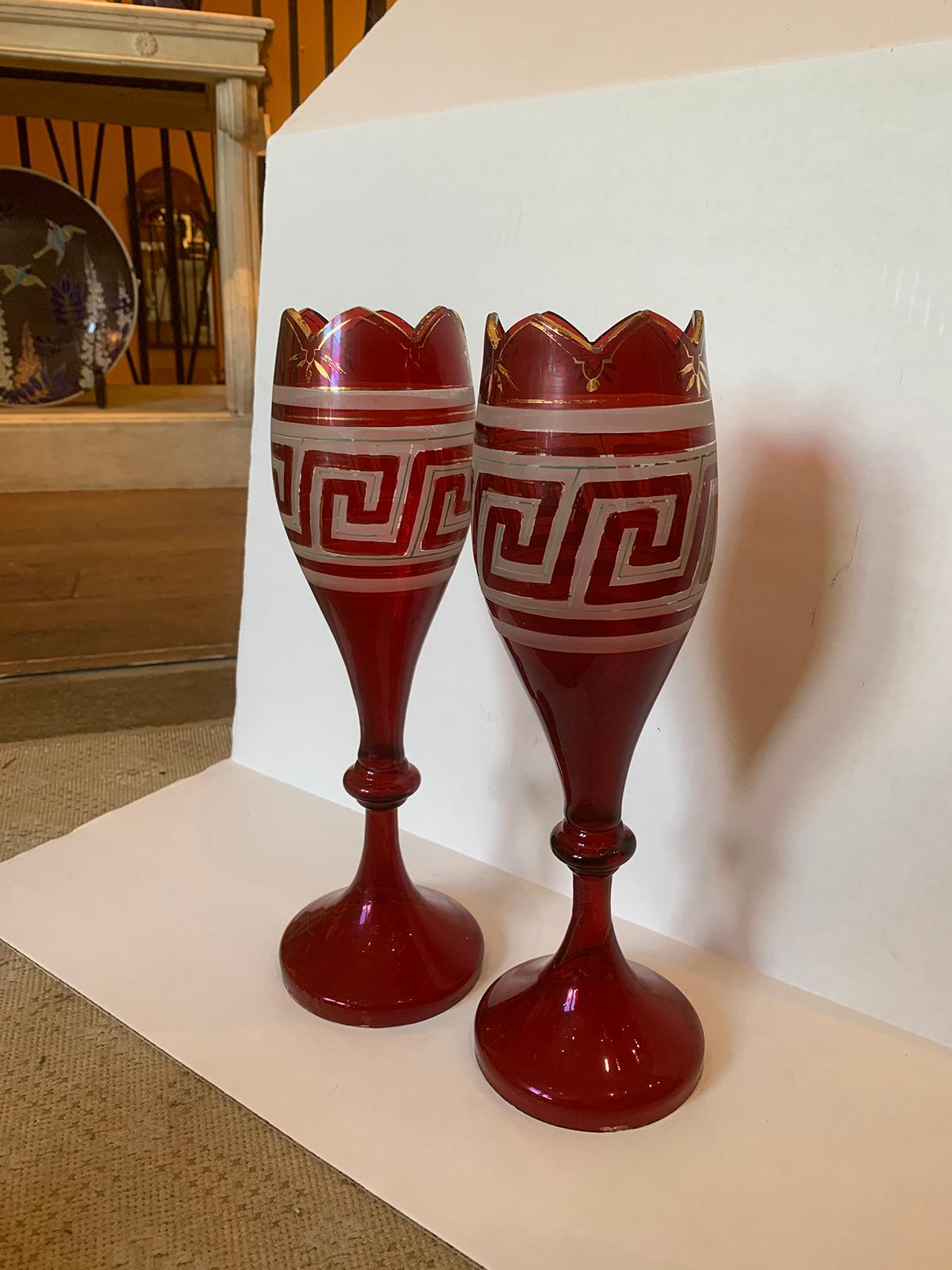 Pair of Early 20th Century Etched Greek Key Red Glass Vases with Gilt Detail For Sale 2