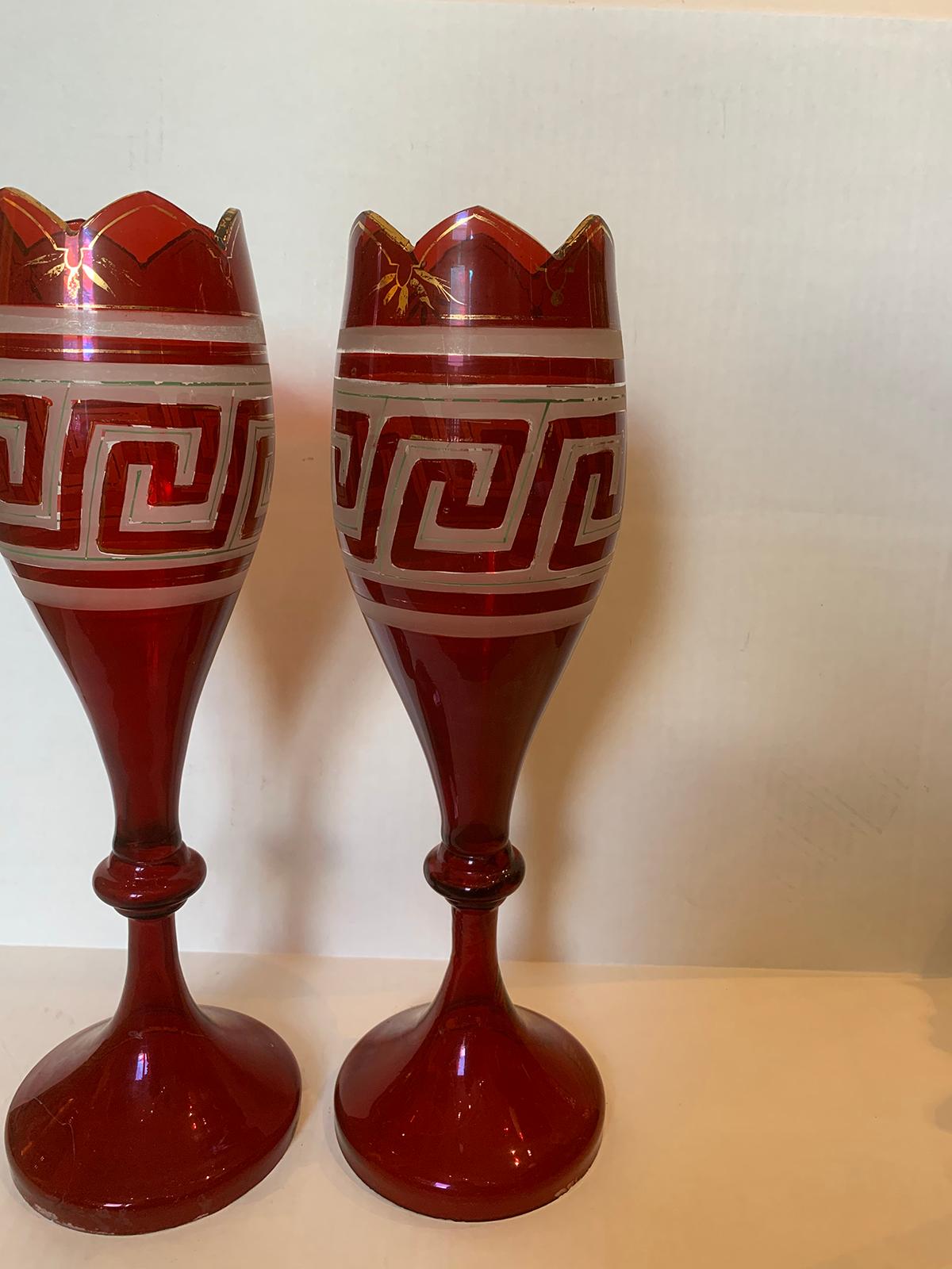 Pair of Early 20th Century Etched Greek Key Red Glass Vases with Gilt Detail For Sale 3