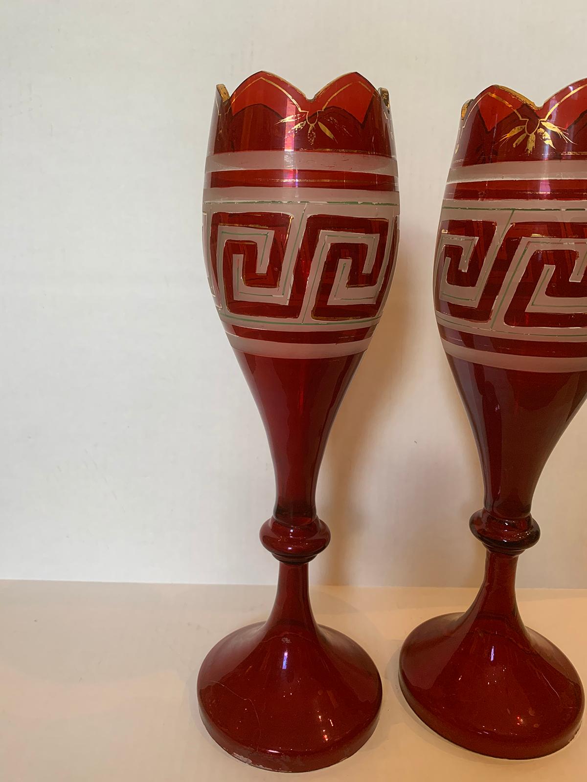 Pair of Early 20th Century Etched Greek Key Red Glass Vases with Gilt Detail For Sale 4