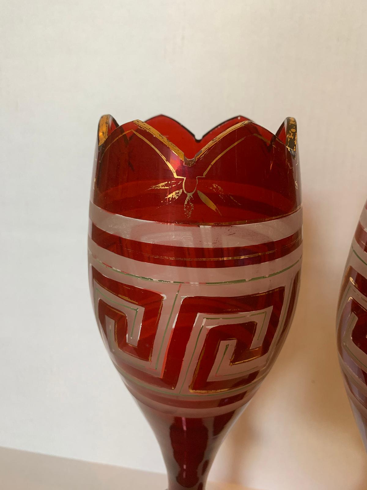 Pair of Early 20th Century Etched Greek Key Red Glass Vases with Gilt Detail For Sale 5
