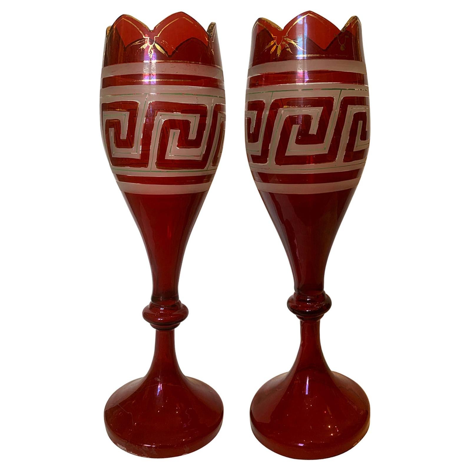 Pair of Early 20th Century Etched Greek Key Red Glass Vases with Gilt Detail For Sale