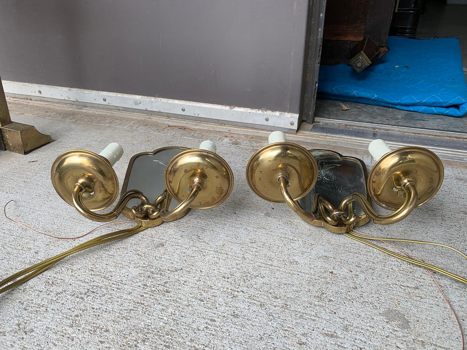 Pair of Early 20th Century Etched Mirror & Bronze Two-Arm Sconces 12