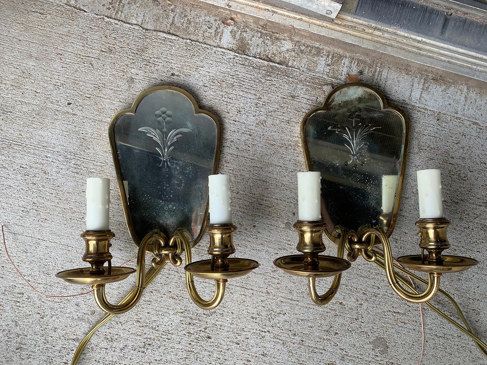 Pair of early 20th century etched mirror & bronze two-arm sconces
New wiring.