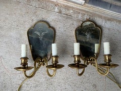 Pair of Early 20th Century Etched Mirror & Bronze Two-Arm Sconces