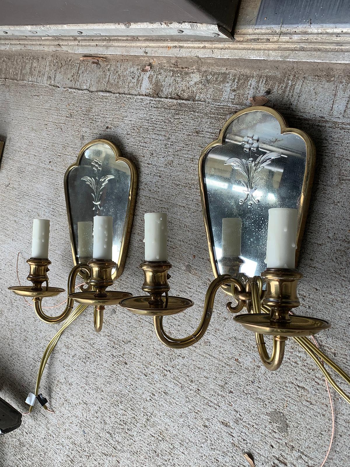 Pair of Early 20th Century Etched Mirror & Bronze Two-Arm Sconces In Good Condition In Atlanta, GA