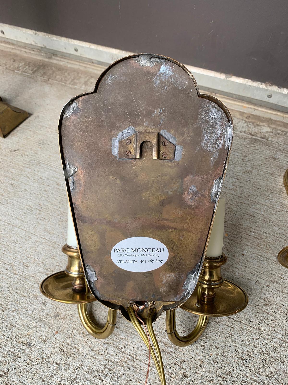 Pair of Early 20th Century Etched Mirror & Bronze Two-Arm Sconces 2