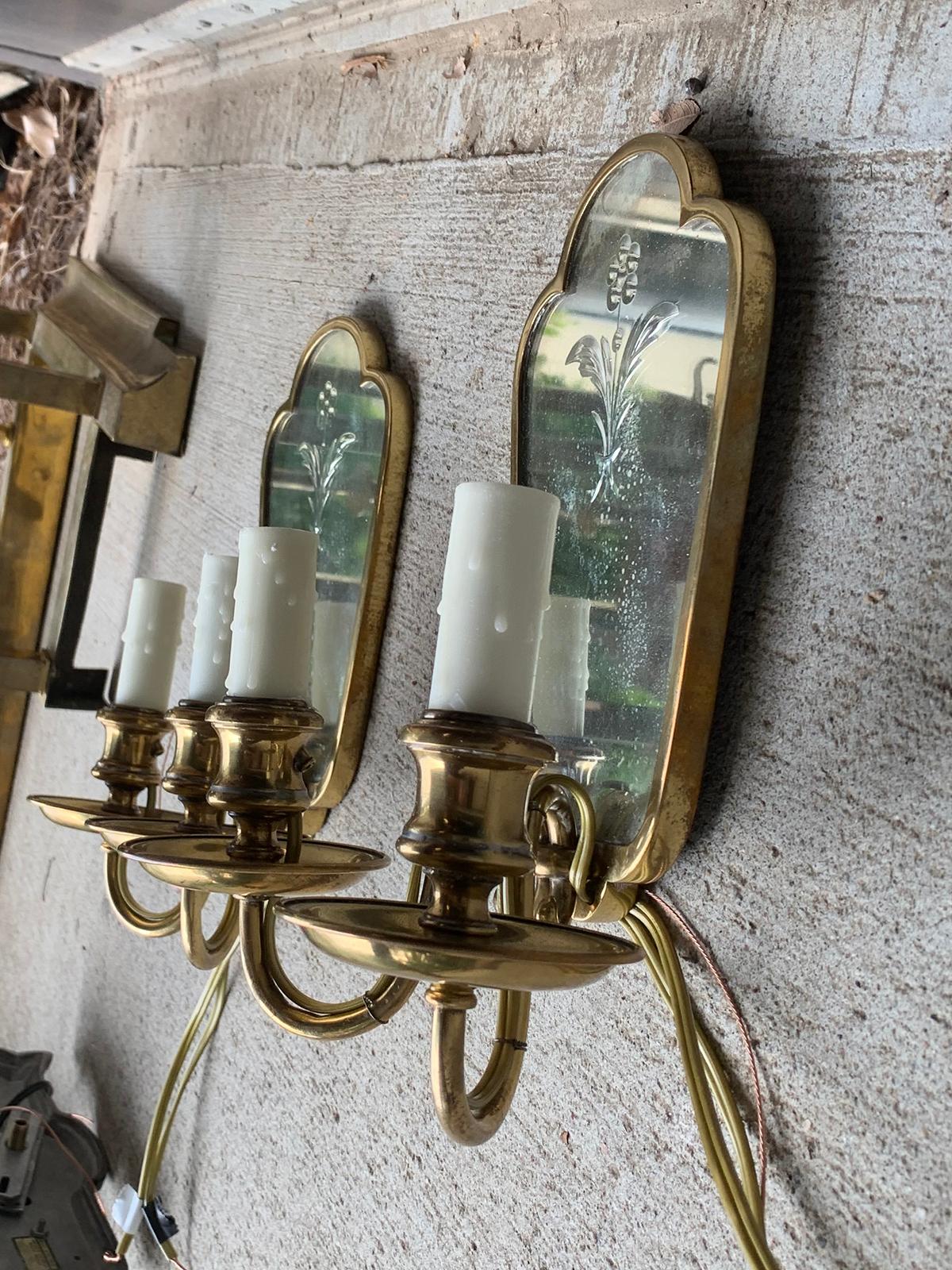 Pair of Early 20th Century Etched Mirror & Bronze Two-Arm Sconces 3