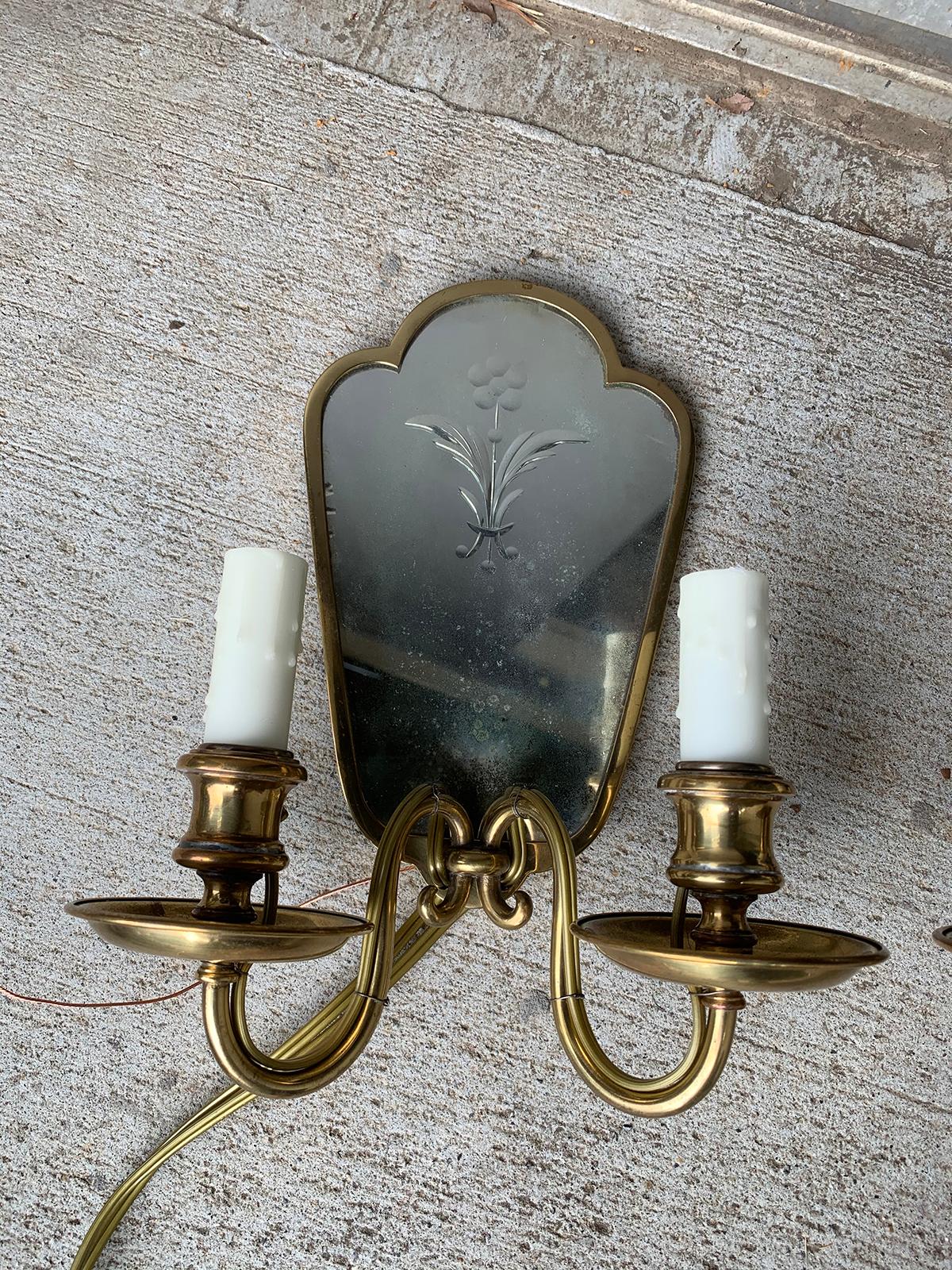 Pair of Early 20th Century Etched Mirror & Bronze Two-Arm Sconces 4