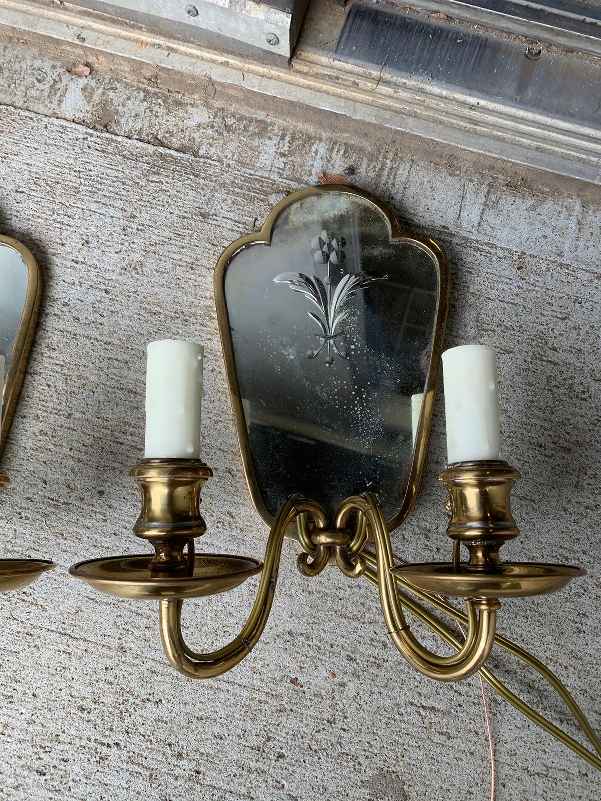 Pair of Early 20th Century Etched Mirror & Bronze Two-Arm Sconces 5