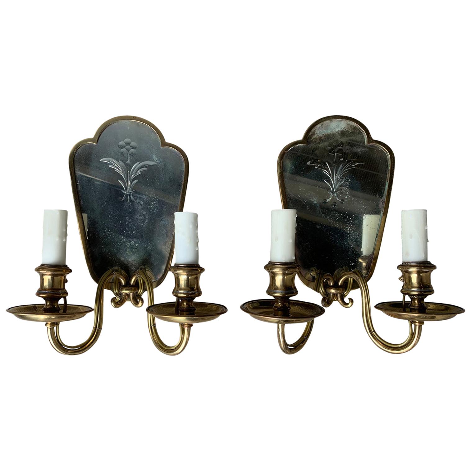 Pair of Early 20th Century Etched Mirror & Bronze Two-Arm Sconces
