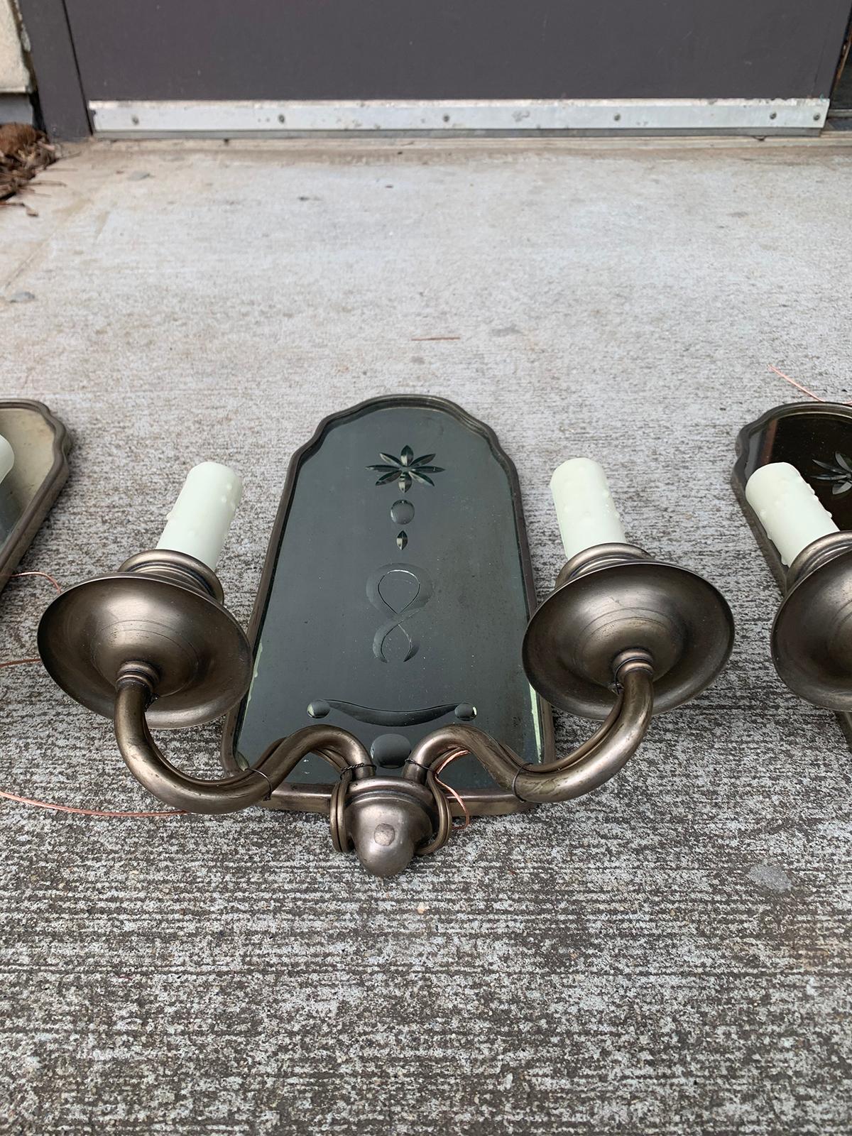 Pair of Early 20th Century Etched Mirrored Two-Arm Sconces 10