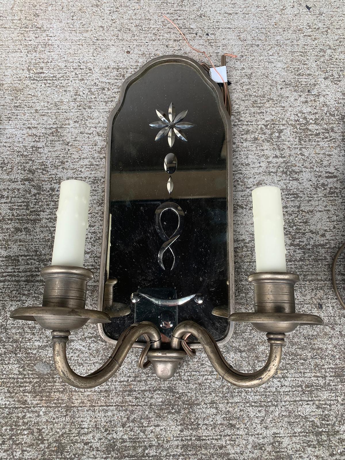 Pair of Early 20th Century Etched Mirrored Two-Arm Sconces 2