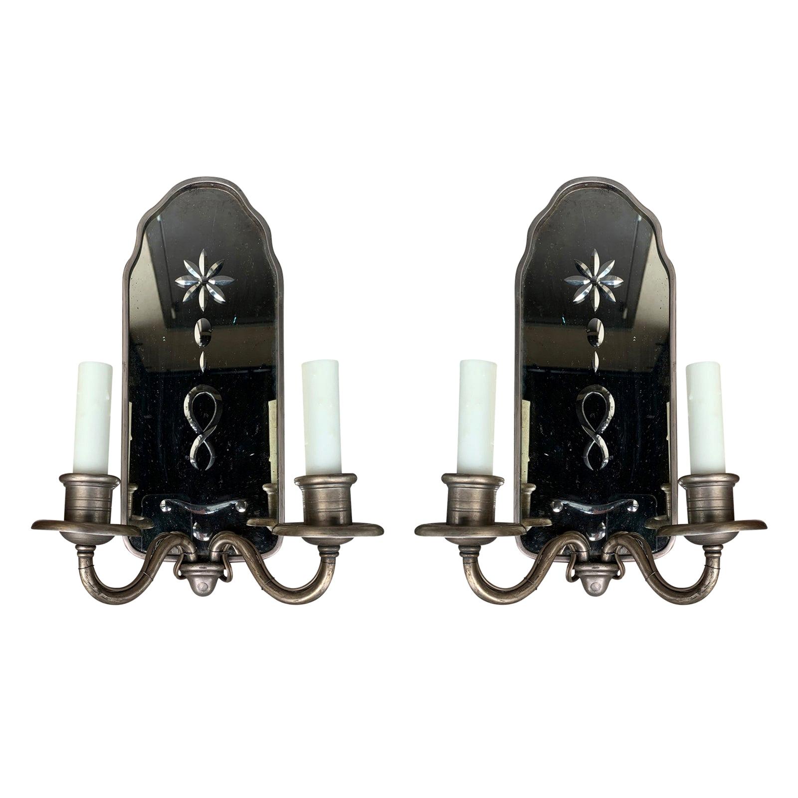 Pair of Early 20th Century Etched Mirrored Two-Arm Sconces