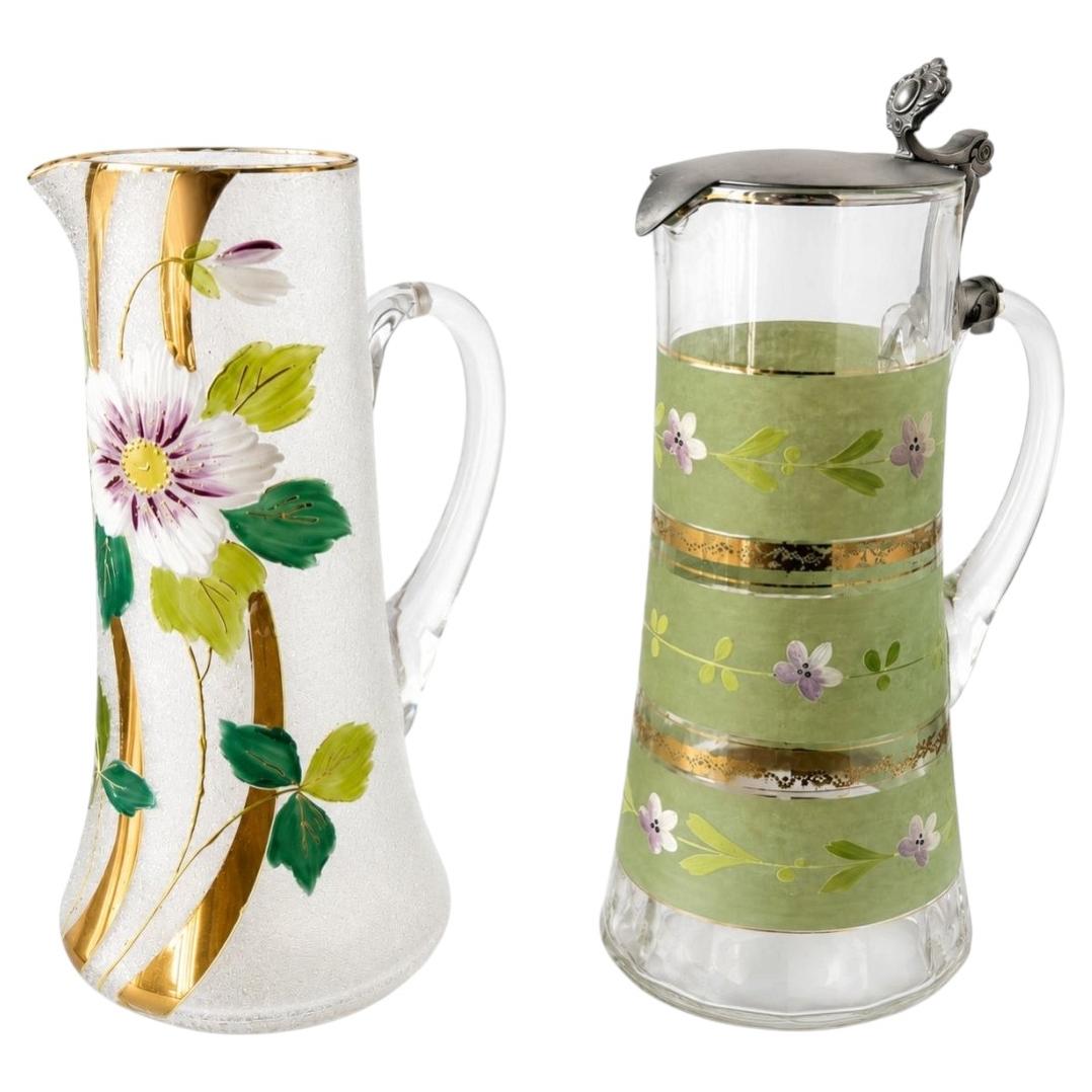 Pair of Early 20th Century European Hand-Painted Glass Pitchers
