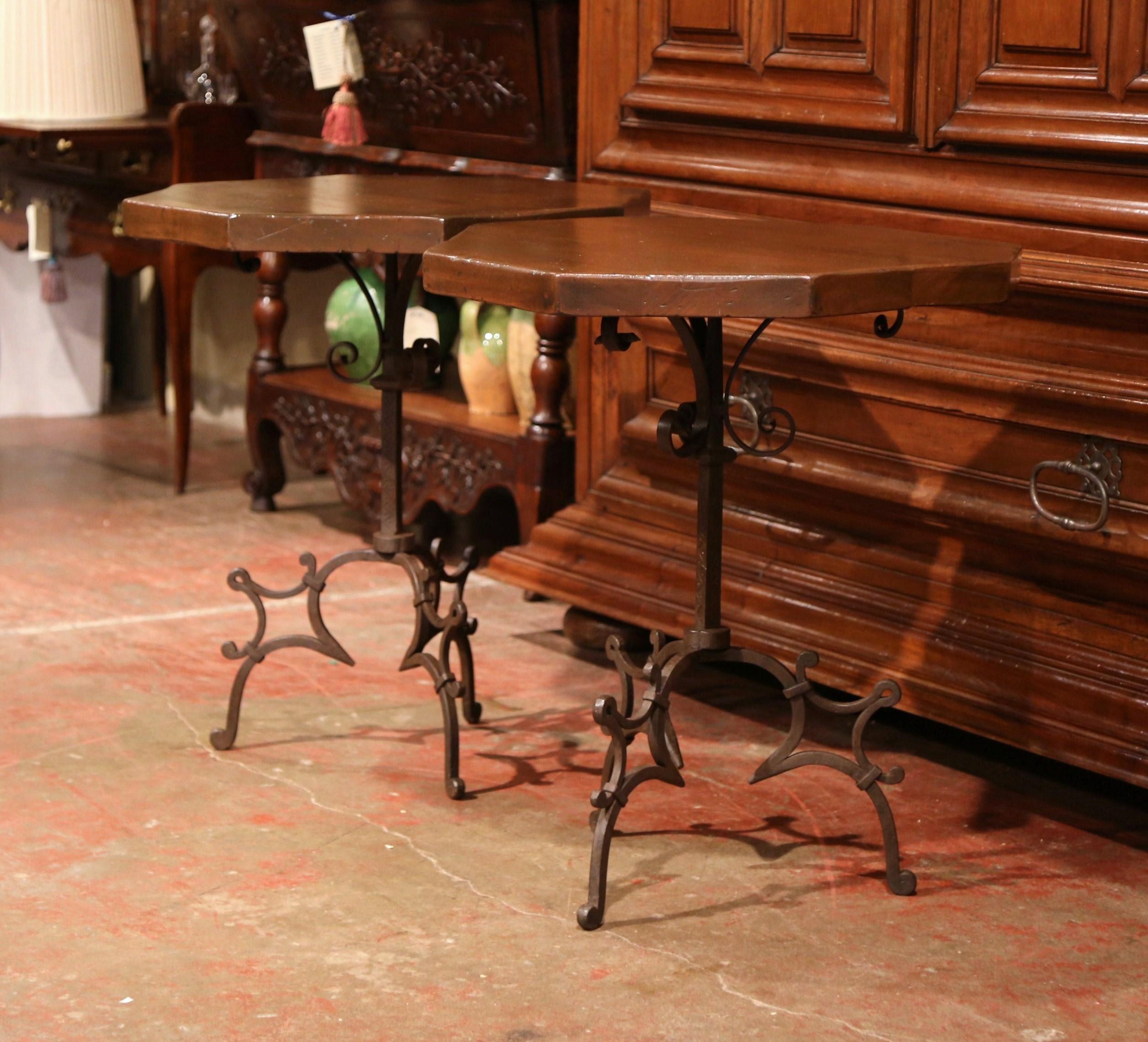 Gothic Pair of Early 20th Century Spanish Walnut and Iron Octagonal Side Tables