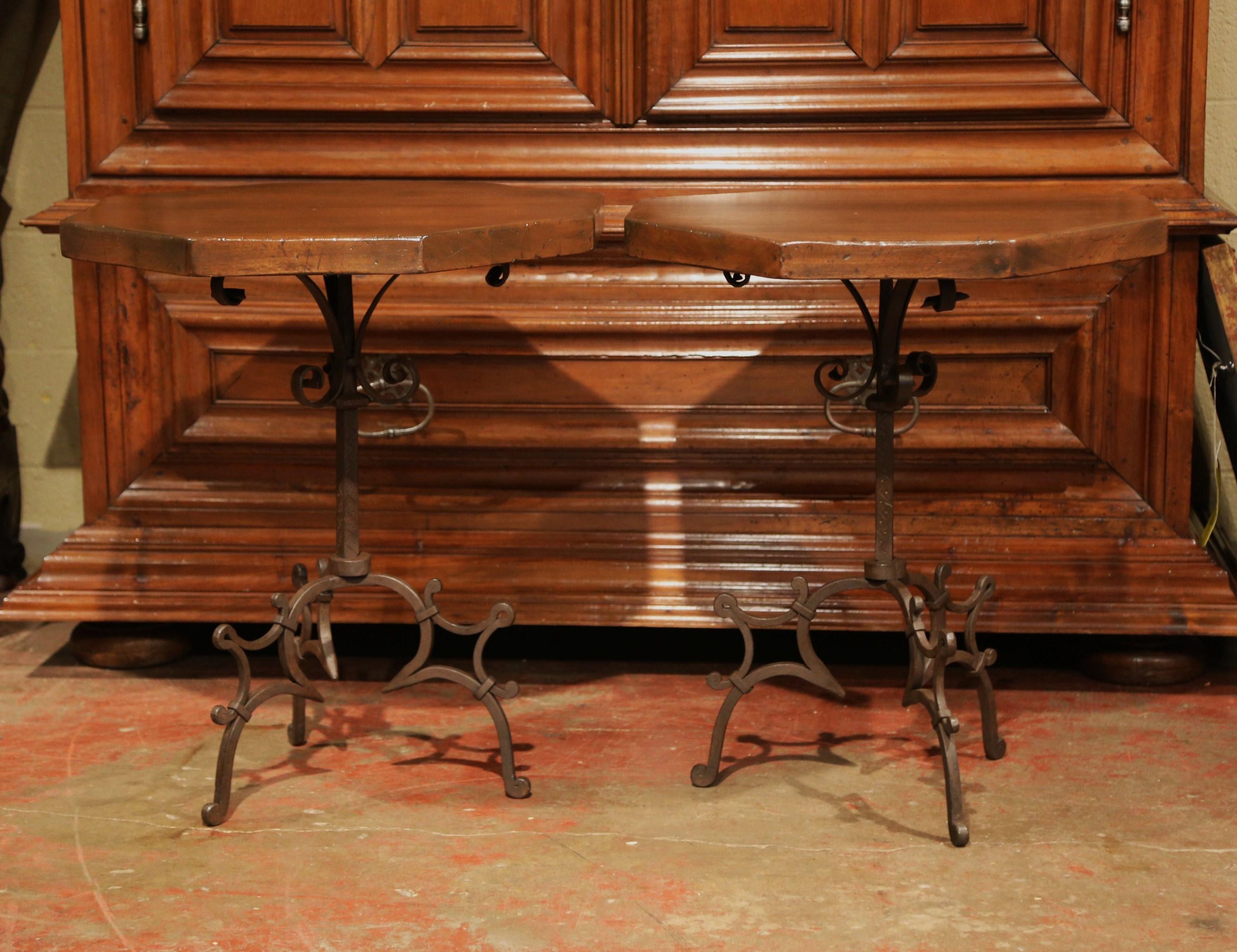 Hand-Carved Pair of Early 20th Century Spanish Walnut and Iron Octagonal Side Tables