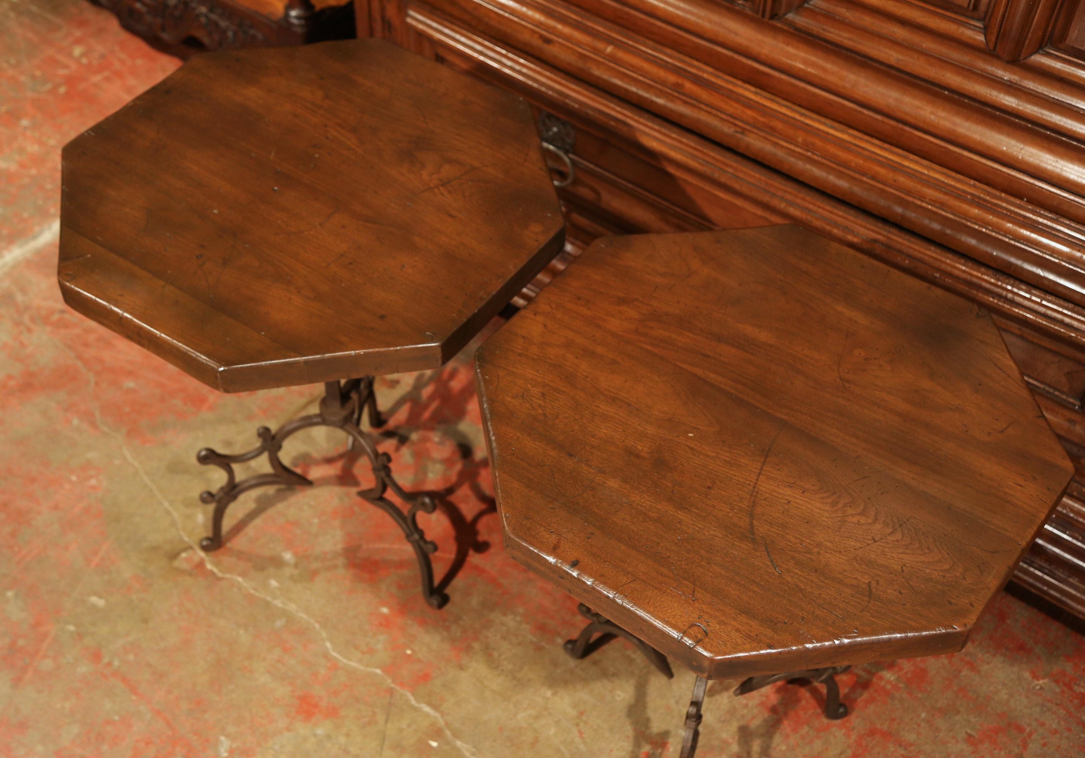 Pair of Early 20th Century Spanish Walnut and Iron Octagonal Side Tables In Excellent Condition In Dallas, TX