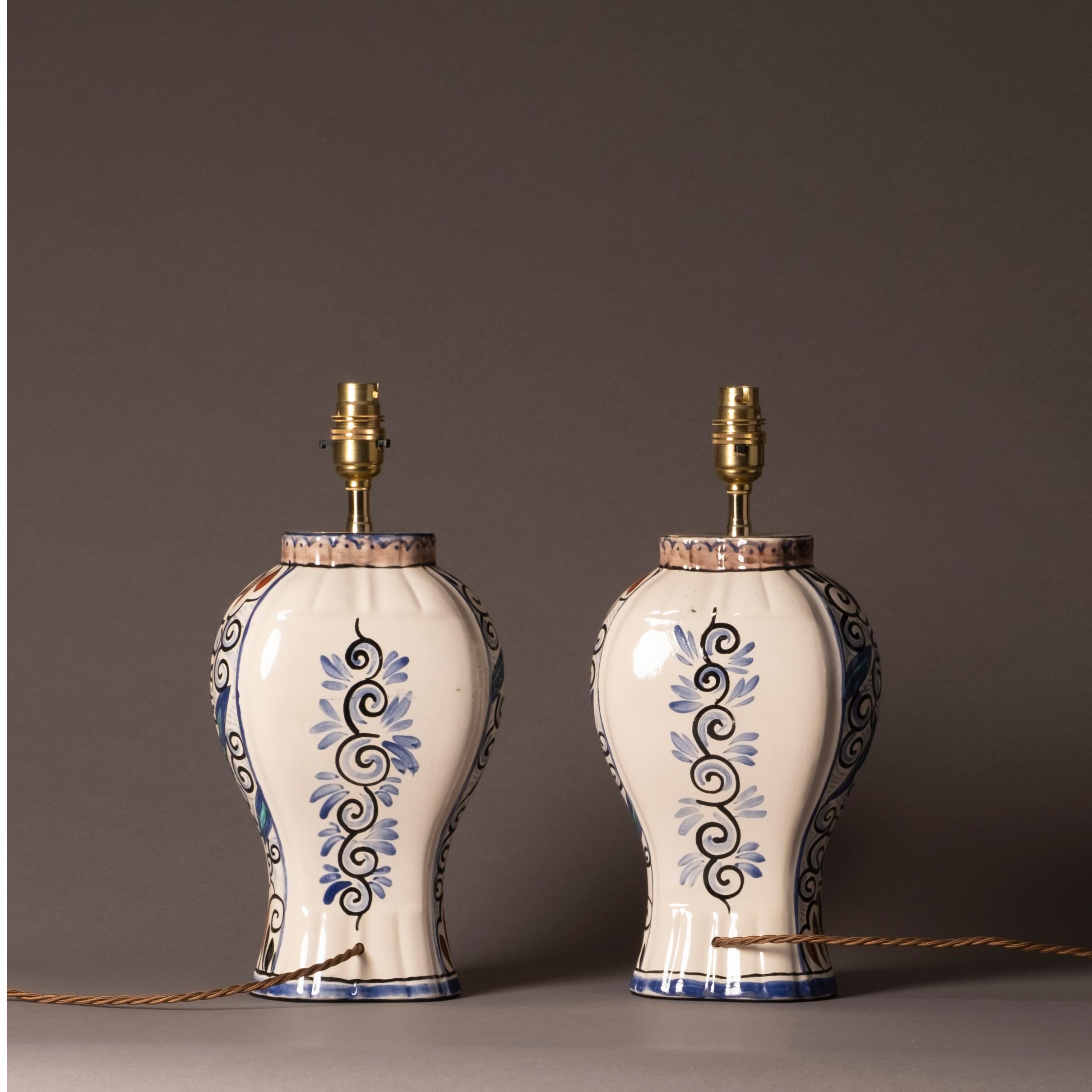 French Pair of Early 20th Century Faience Vase Lamps