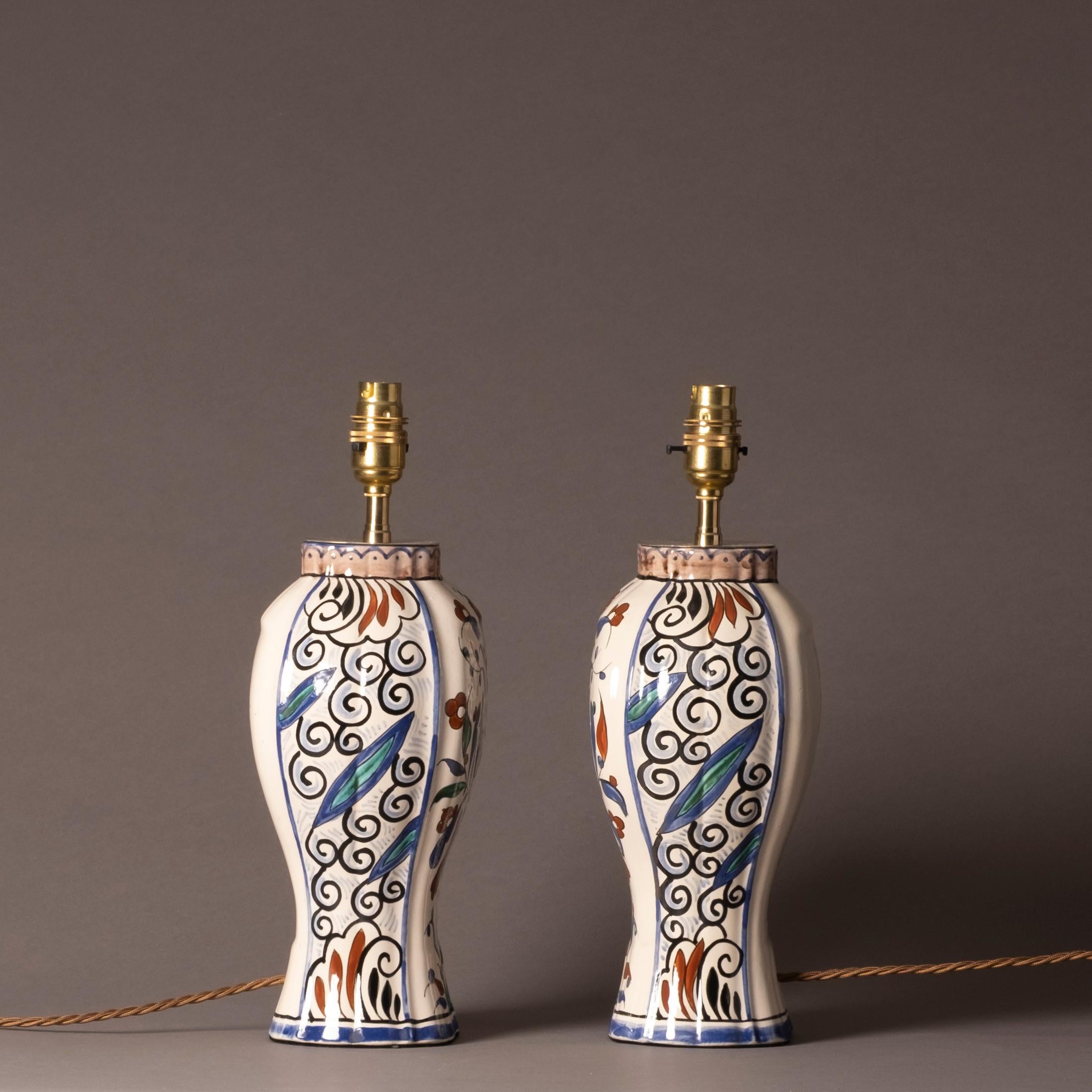 Fired Pair of Early 20th Century Faience Vase Lamps