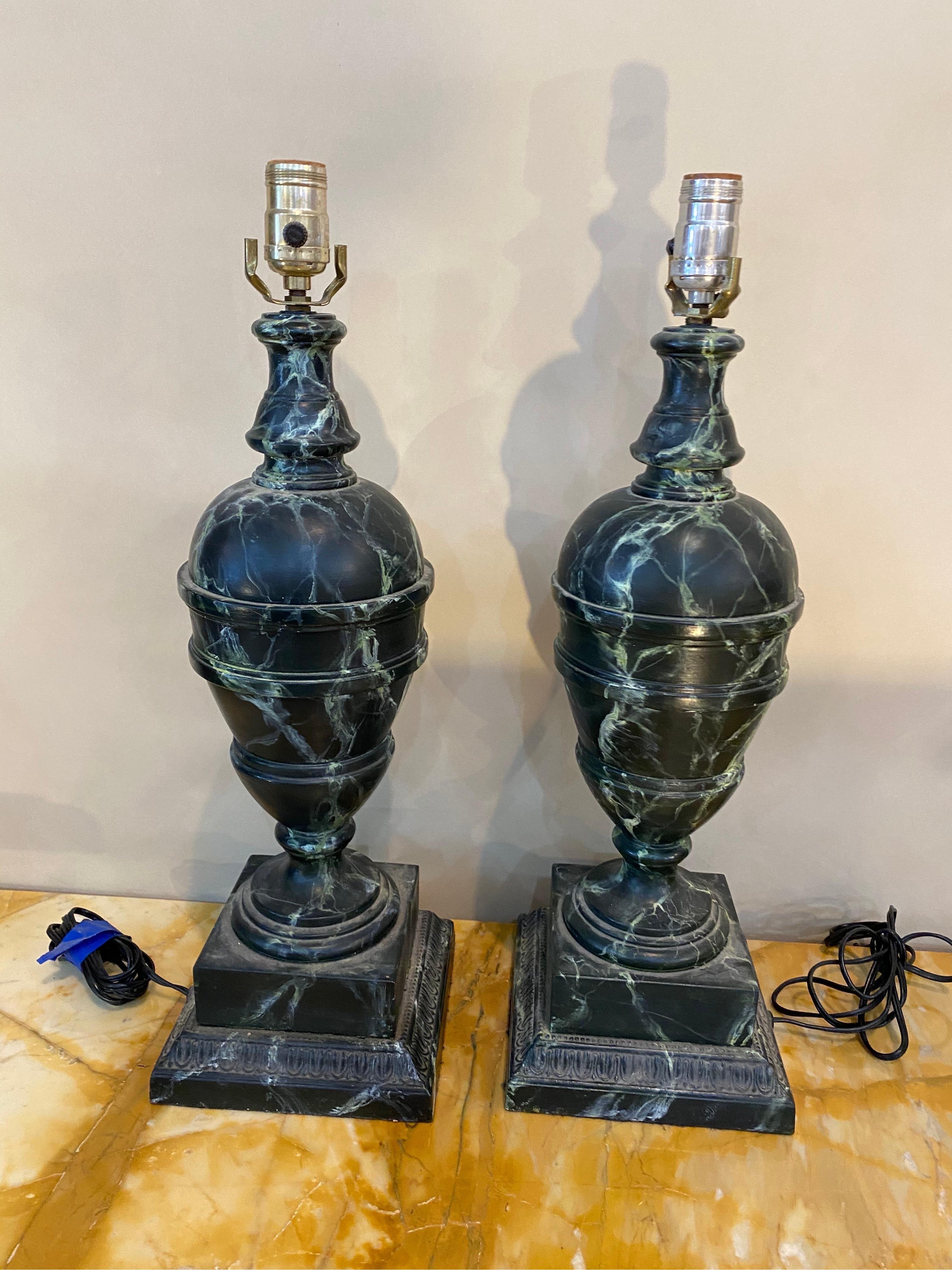 Great pair of early 20th century faux marble lamps.