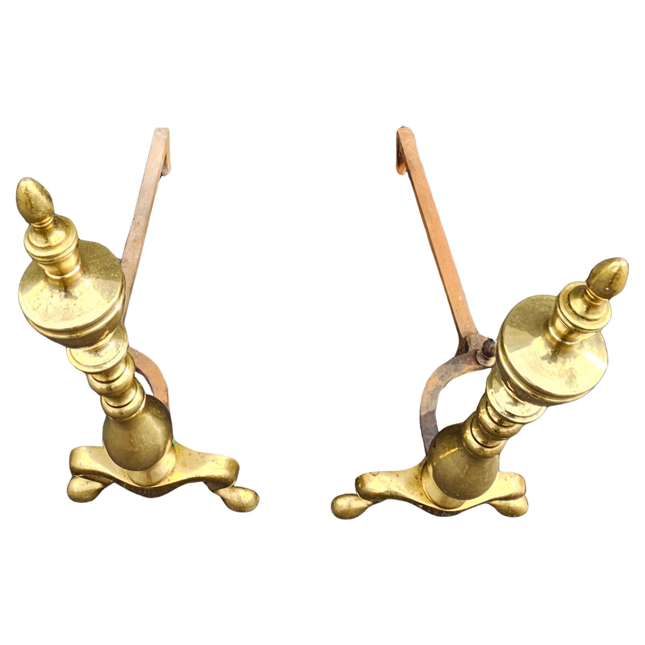 American Pair of Early 20th Century Federal Brass and Iron Andirrons For Sale