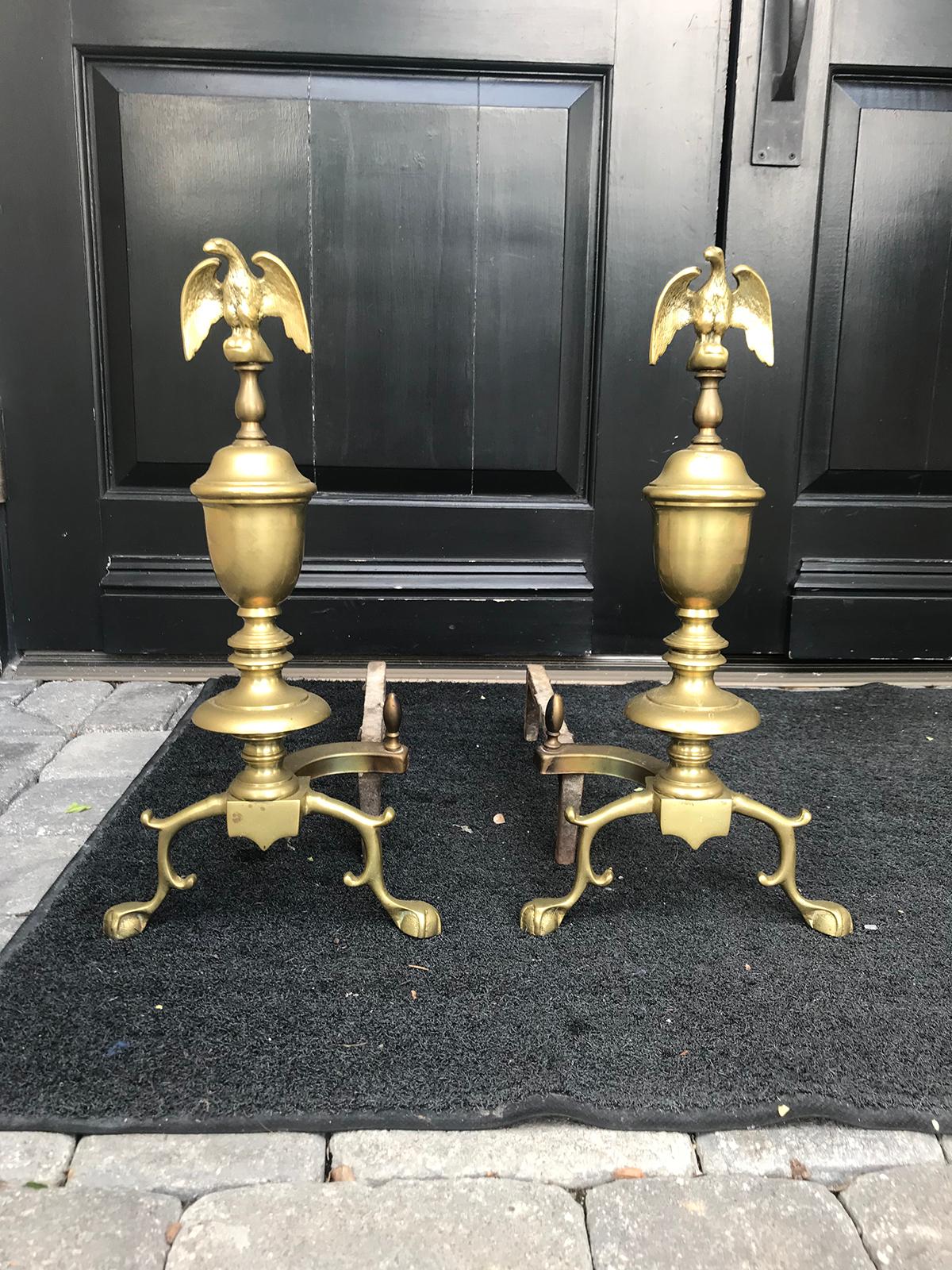 Pair of early 20th century federal style andirons with eagles.