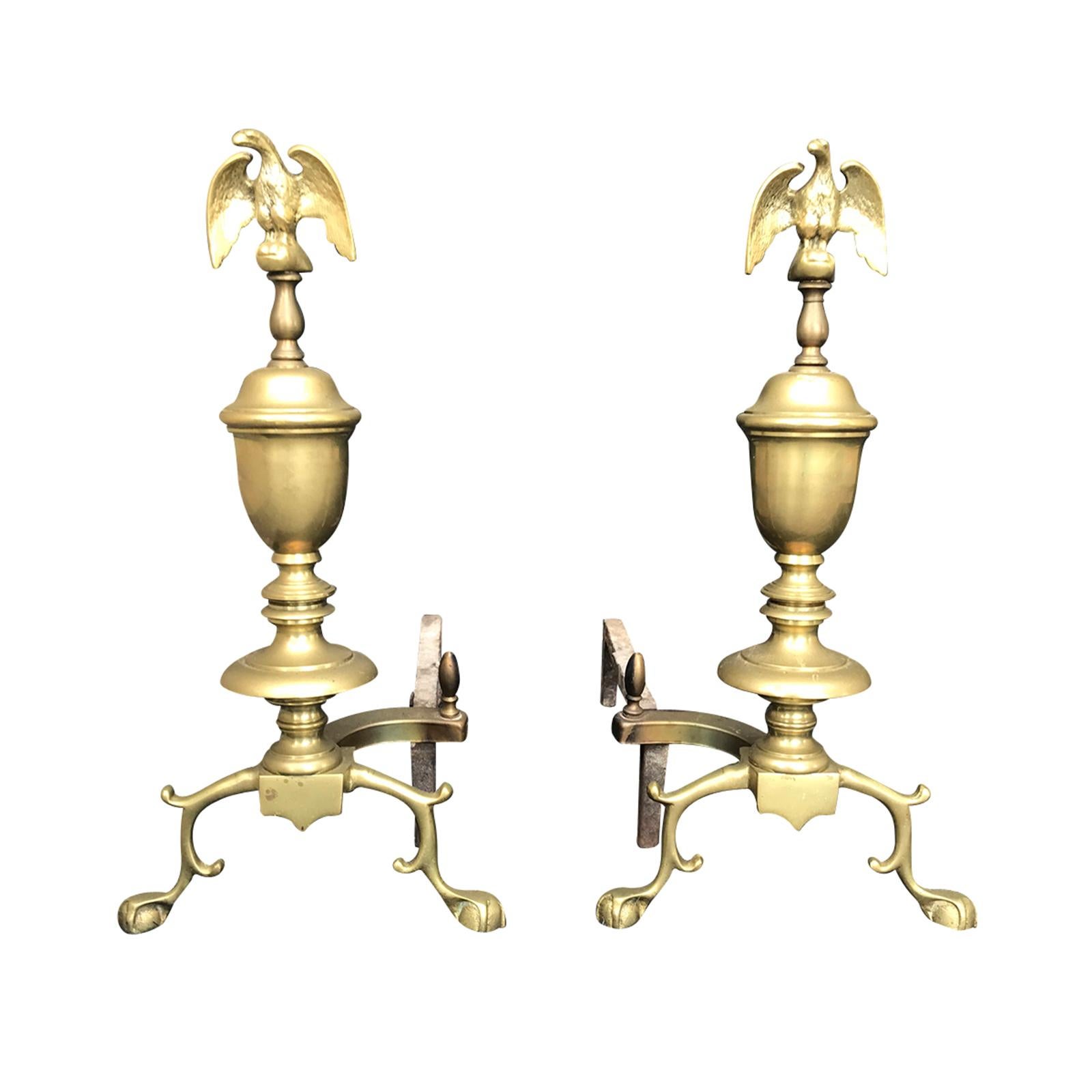 Pair of Early 20th Century Federal Style Andirons with Eagles For Sale