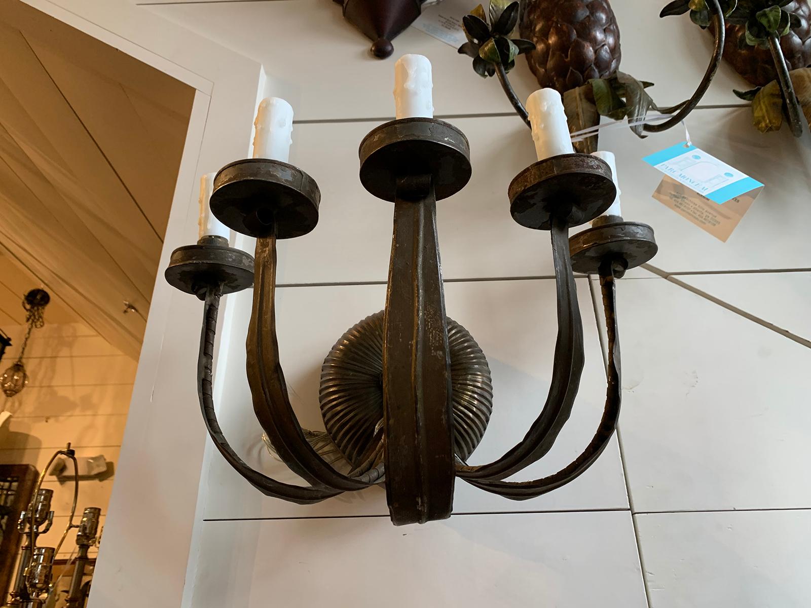 Pair of Early 20th Century Five-Light Tole Sconces For Sale 6