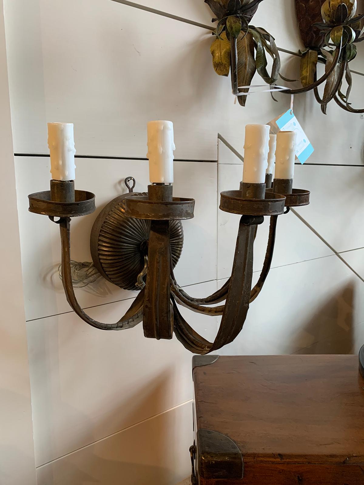 Tôle Pair of Early 20th Century Five-Light Tole Sconces For Sale