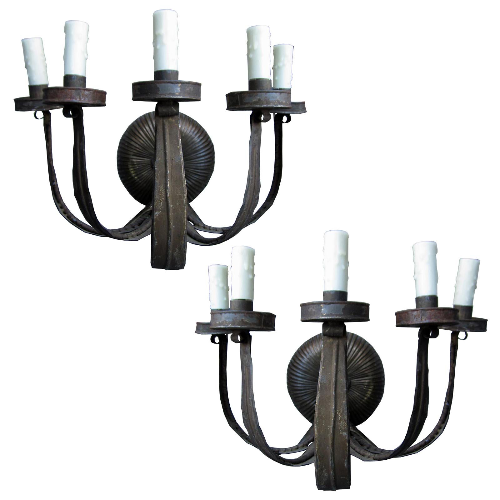 Pair of Early 20th Century Five-Light Tole Sconces For Sale