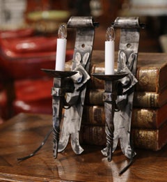 Pair of Early 20th Century Forged Polished Iron Wall Torchere Sconces
