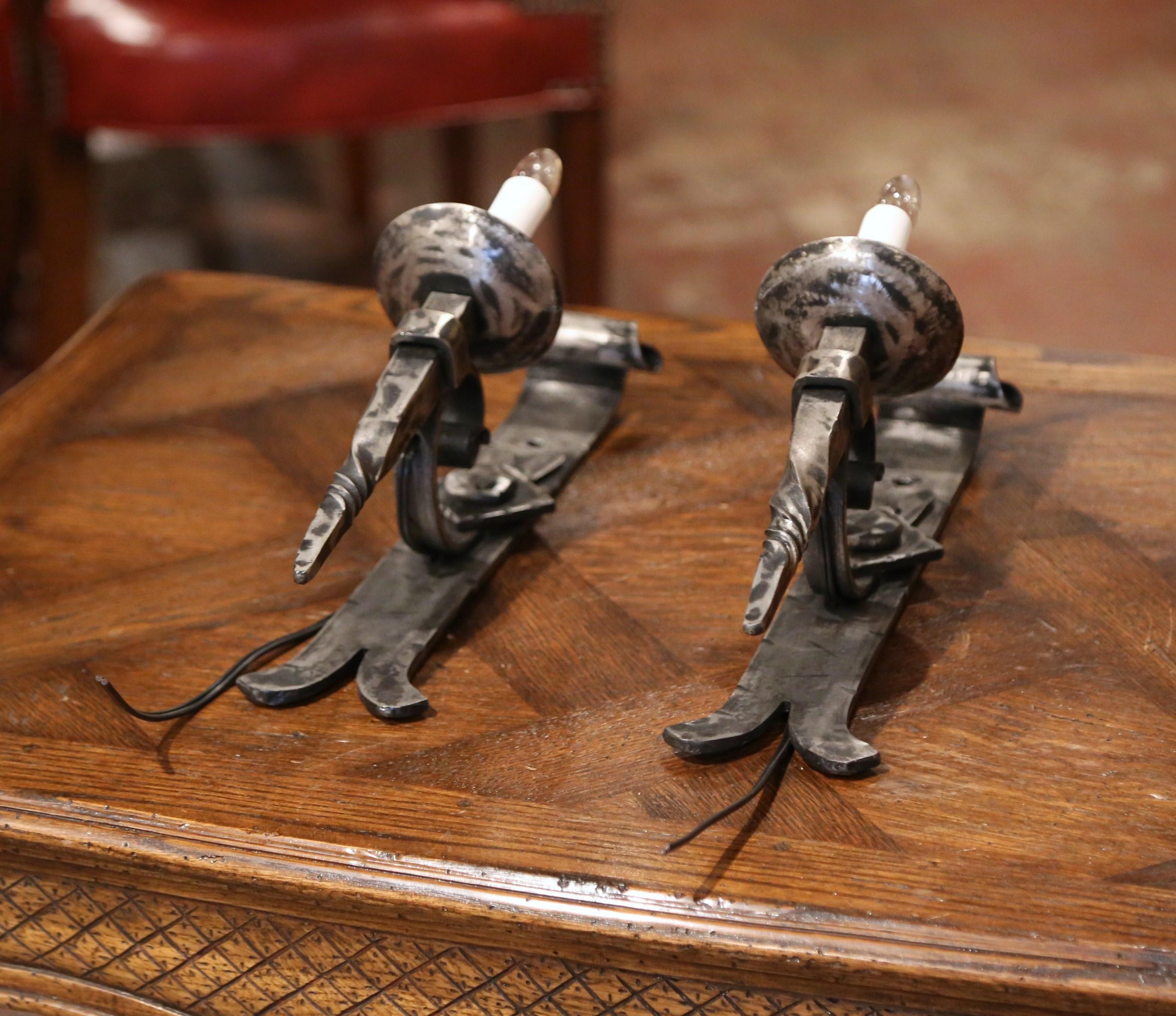 Gothic Pair of Early 20th Century Forged Polished Iron Wall Torchere Sconces For Sale