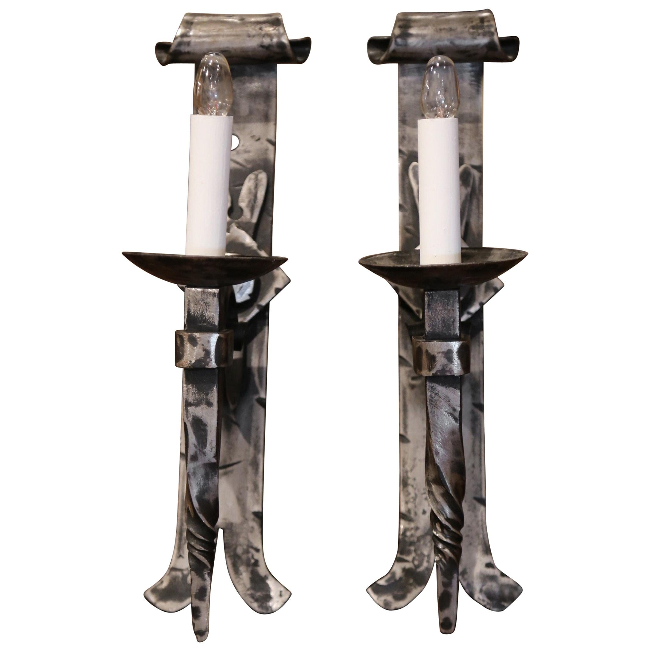 Pair of Early 20th Century Forged Polished Iron Wall Torchere Sconces For Sale